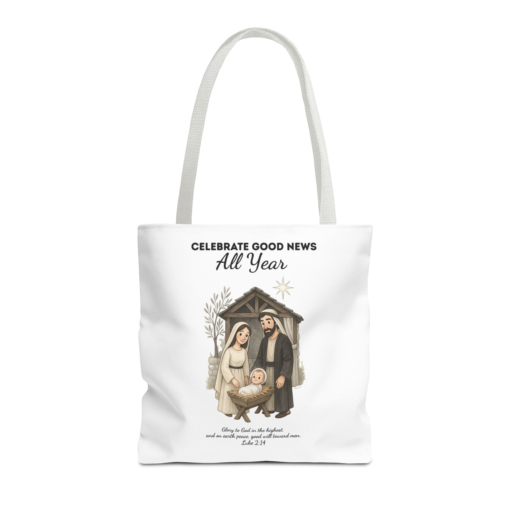 Nativity Tote Bag Year Round — (White Color) "Celebrate Good News All Year" Nativity Tote