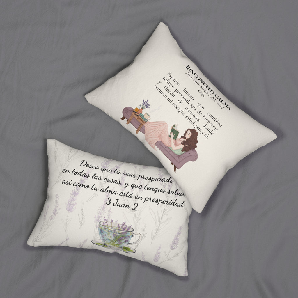 “Slow-Living Corner” & Lavender "Rinconcito Calma" Lumbar Pillow — Spanish Cozy Prayer Blessing (Beige)