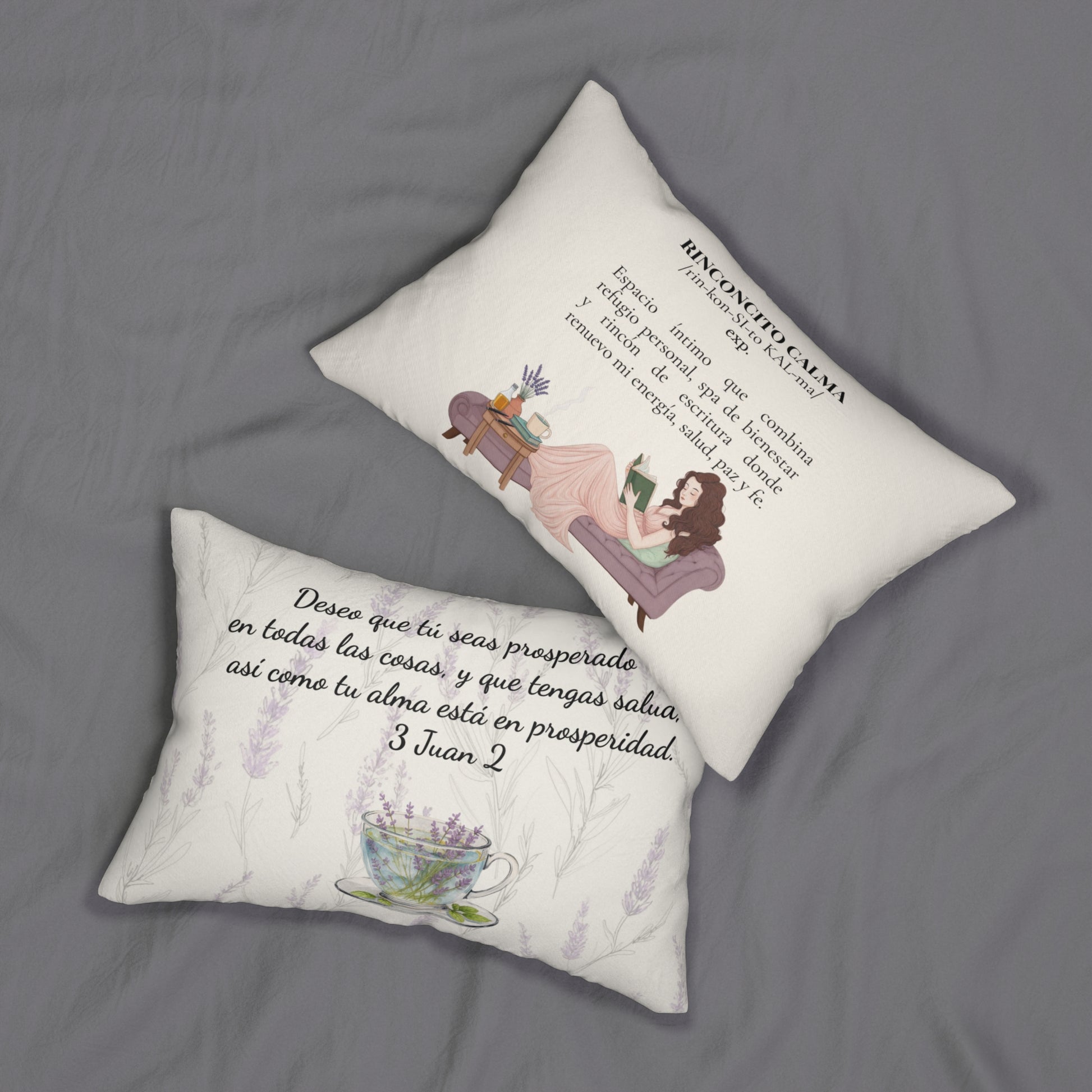“Slow-Living Corner” & Lavender "Rinconcito Calma" Lumbar Pillow — Spanish Cozy Prayer Blessing (Beige)