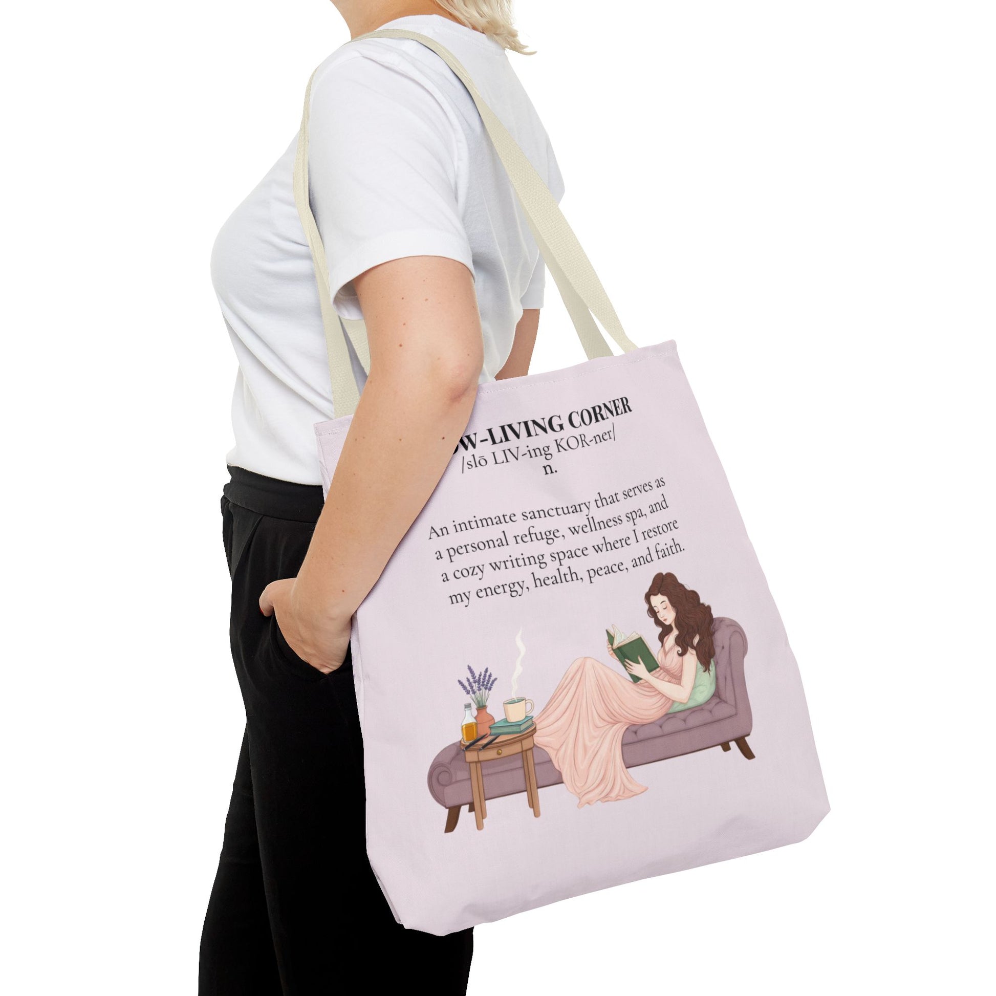 Slow-Living Corner Tote Bag — Cozy Self-Care AOP Canvas Tote with Faith Quotes (Pink)