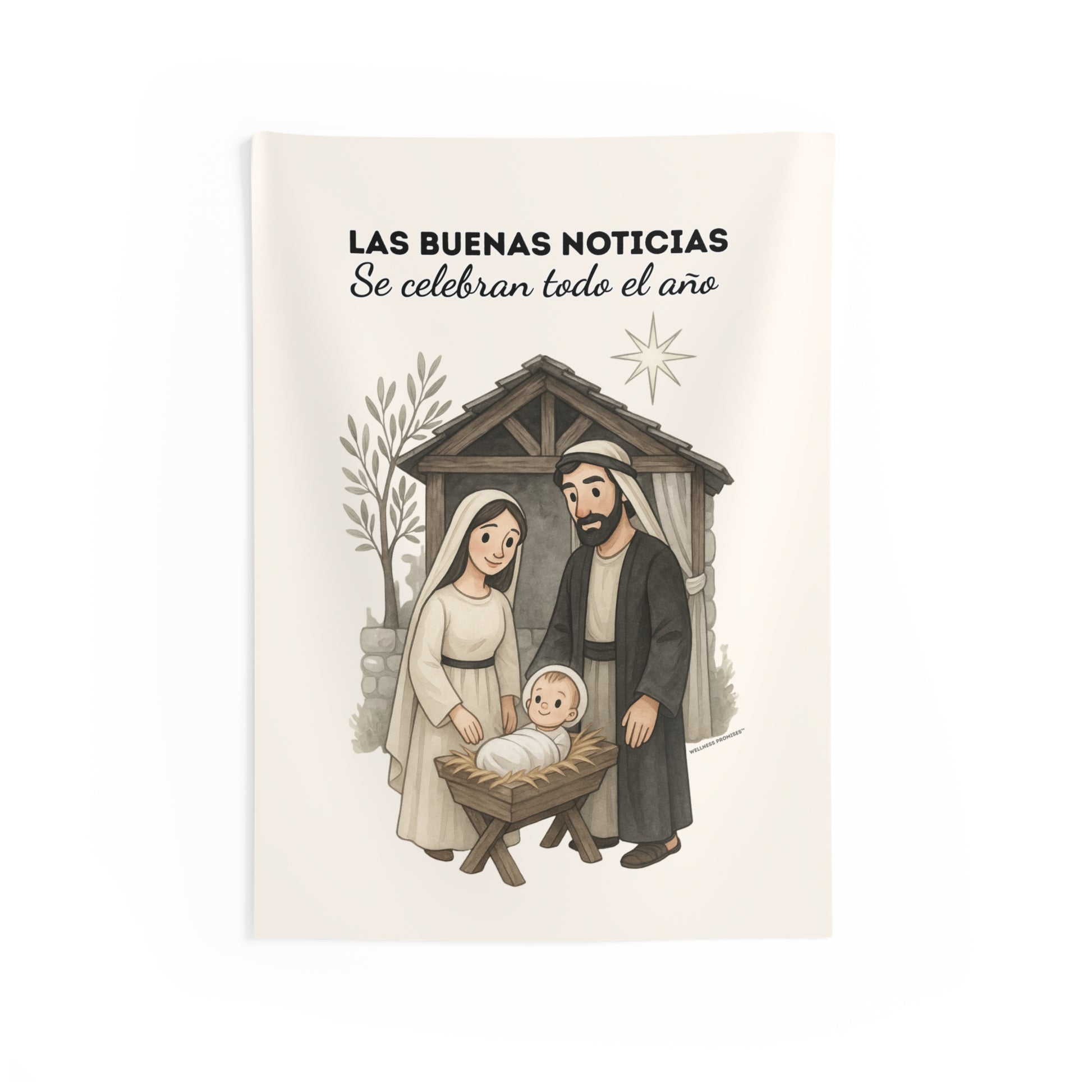 "Las Buenas Noticias se celebran todo el año"  Nativity Scene Indoor Wall Tapestries | Spanish Christmas decor