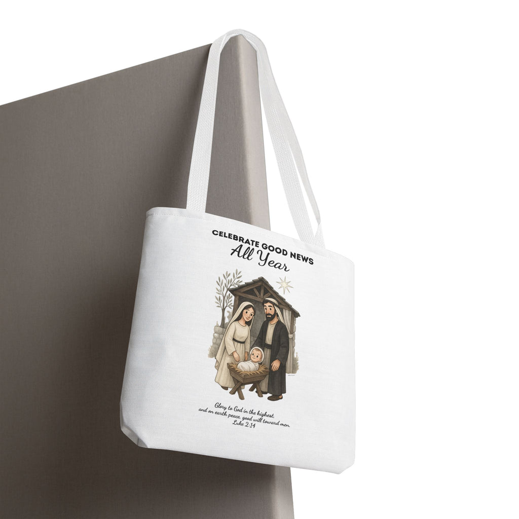 Nativity Tote Bag Year Round — (White Color) "Celebrate Good News All Year" Nativity Tote
