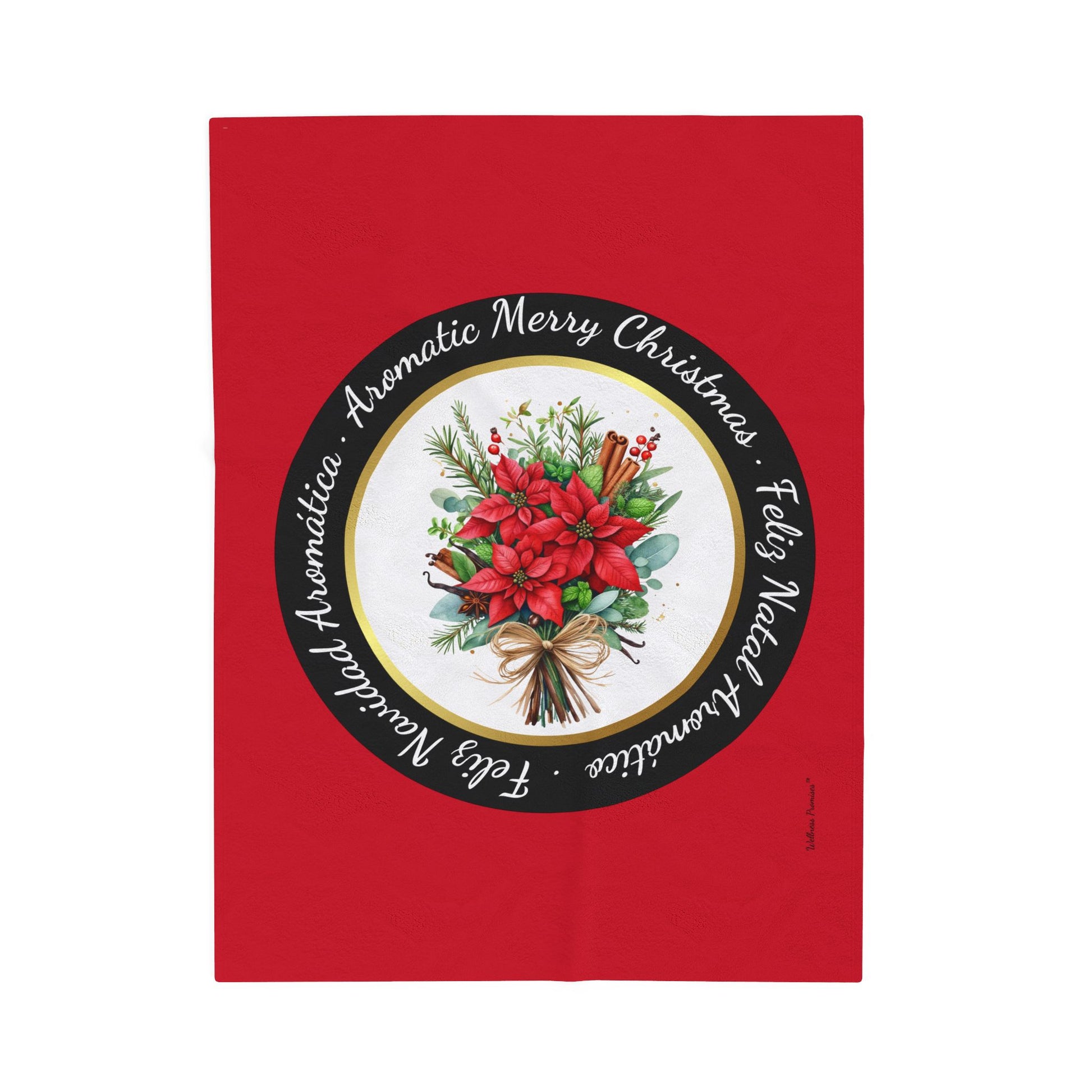 Christmas Herbal and Poinsettia Design in Three Languages- Plush Blanket