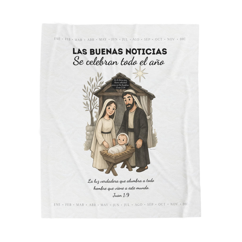 Nativity Year Round Velveteen Blanket - (White Color)  "Las Buenas Noticias" Spanish Nativity Throw