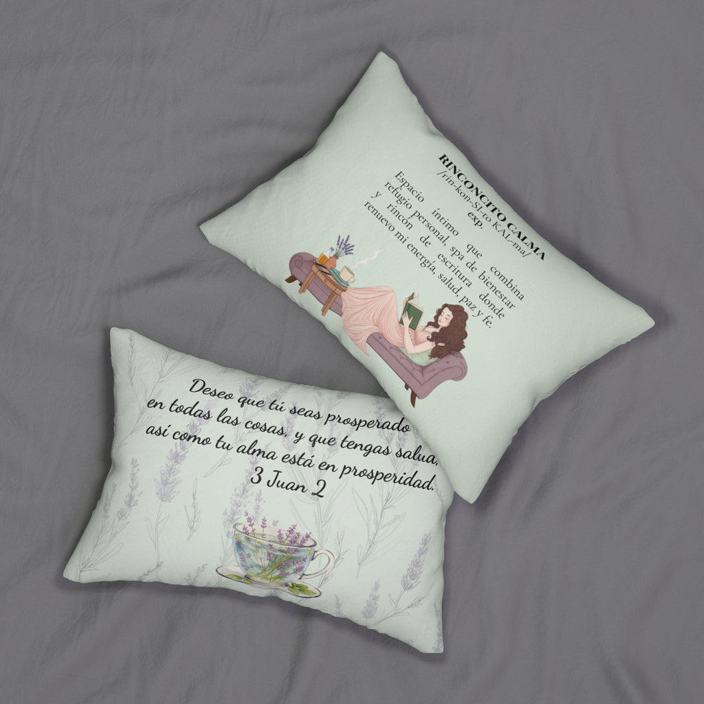 “Slow-Living Corner” & Lavender "Rinconcito Calma" Lumbar Pillow — Spanish Cozy Prayer Blessing (Mint Green)