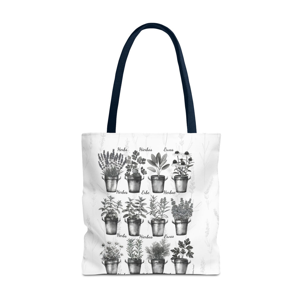 6 Language Black & White Herbal Garden Tote Bag | Botanical Shopping Tote | Eco-Friendly Grocery Bag, Plant Lover Gift, Garden Decor, Mothers Day