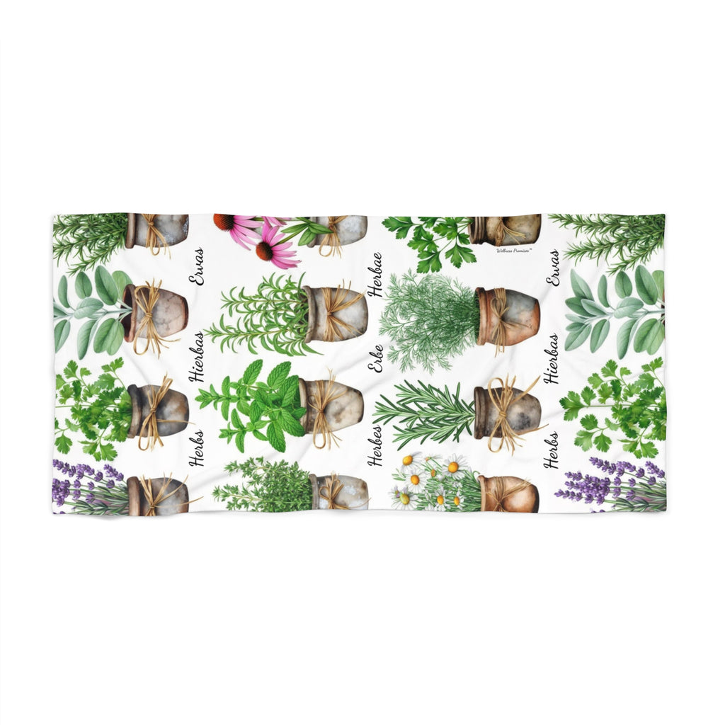 Herbal 6 Languages Beach Towel, Perfect for Summer Fun, Ideal for Poolside Relaxation, Gardener Gift, Tropical Retreat Decor