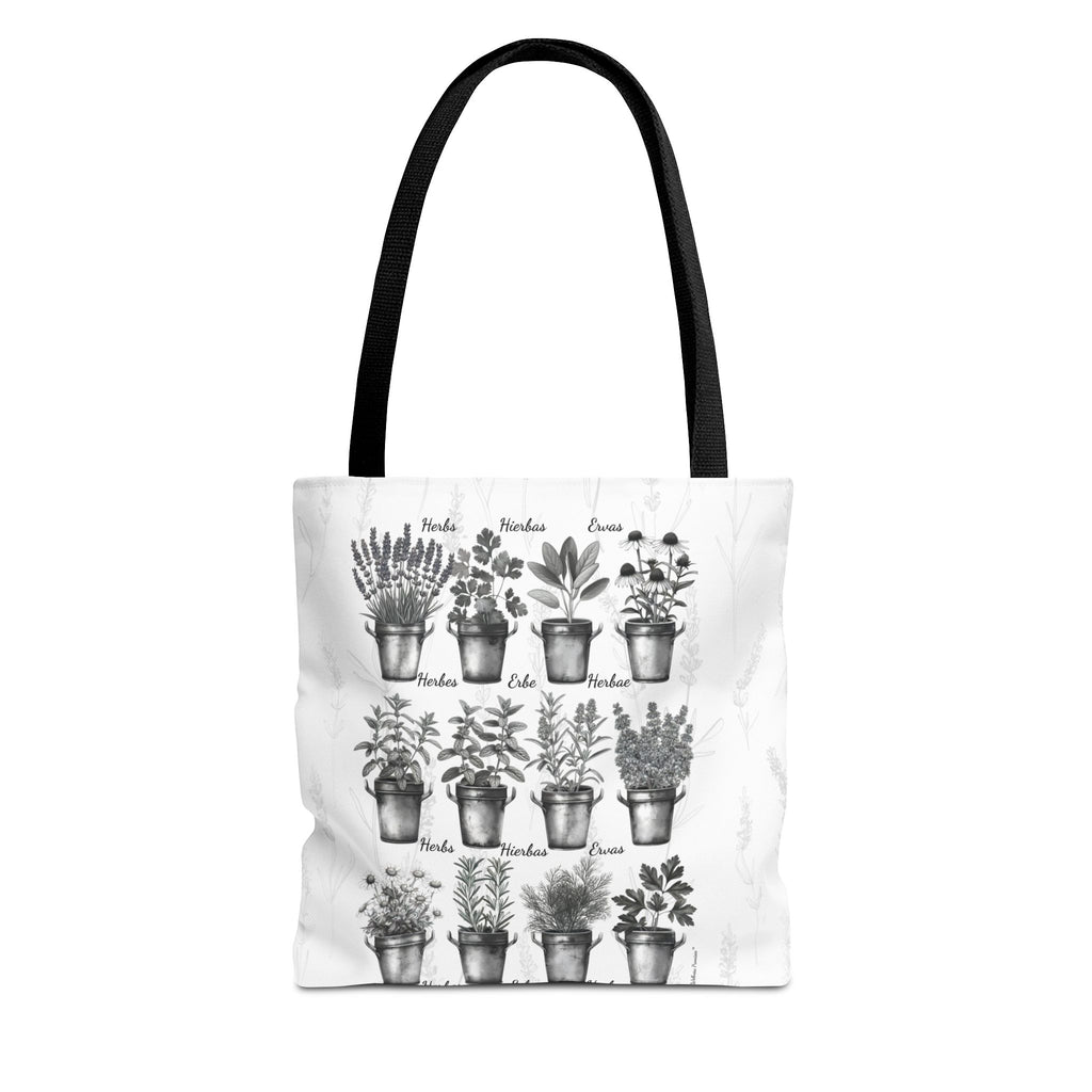 6 Language Black & White Herbal Garden Tote Bag | Botanical Shopping Tote | Eco-Friendly Grocery Bag, Plant Lover Gift, Garden Decor, Mothers Day