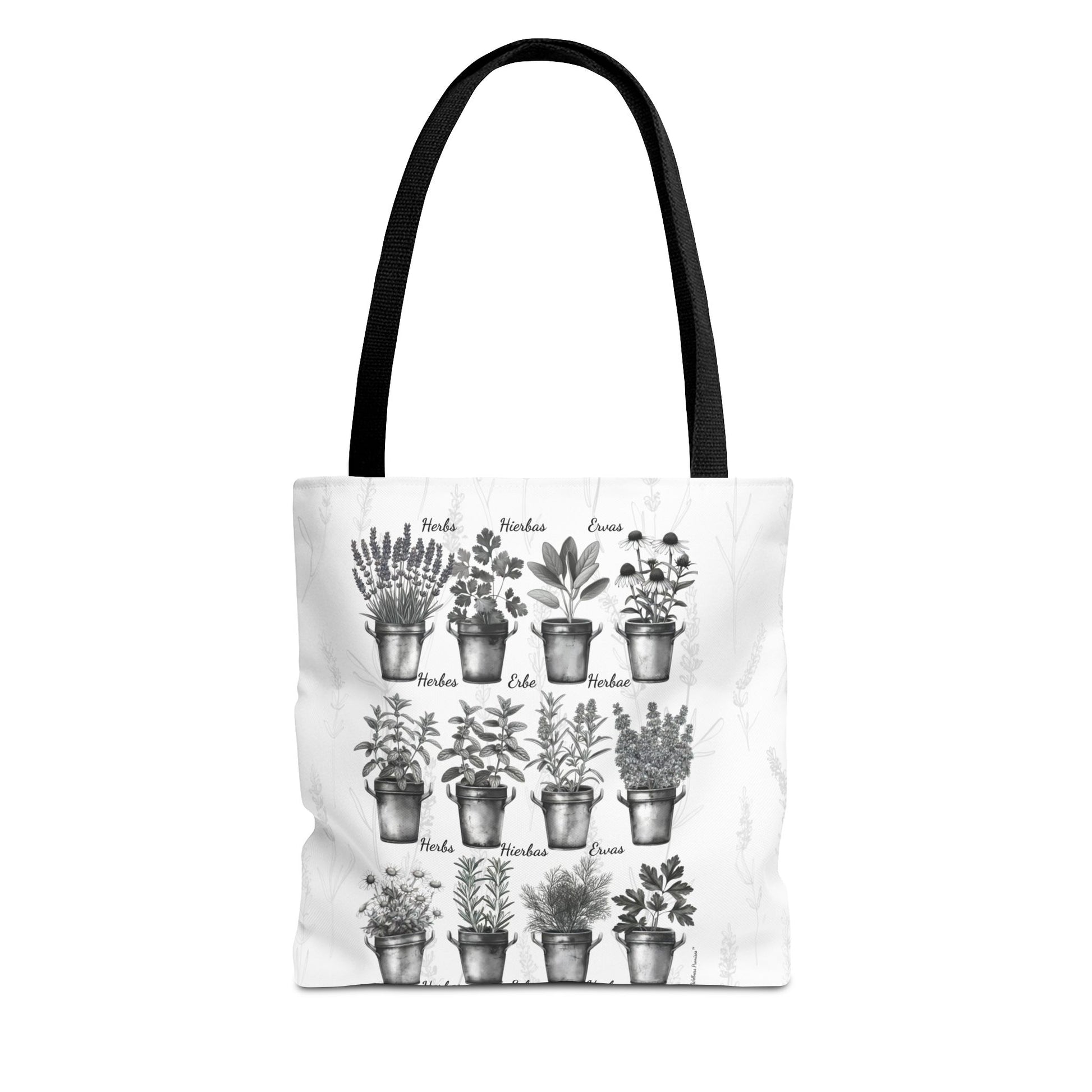 6 Language Black & White Herbal Garden Tote Bag | Botanical Shopping Tote | Eco-Friendly Grocery Bag, Plant Lover Gift, Garden Decor, Mothers Day