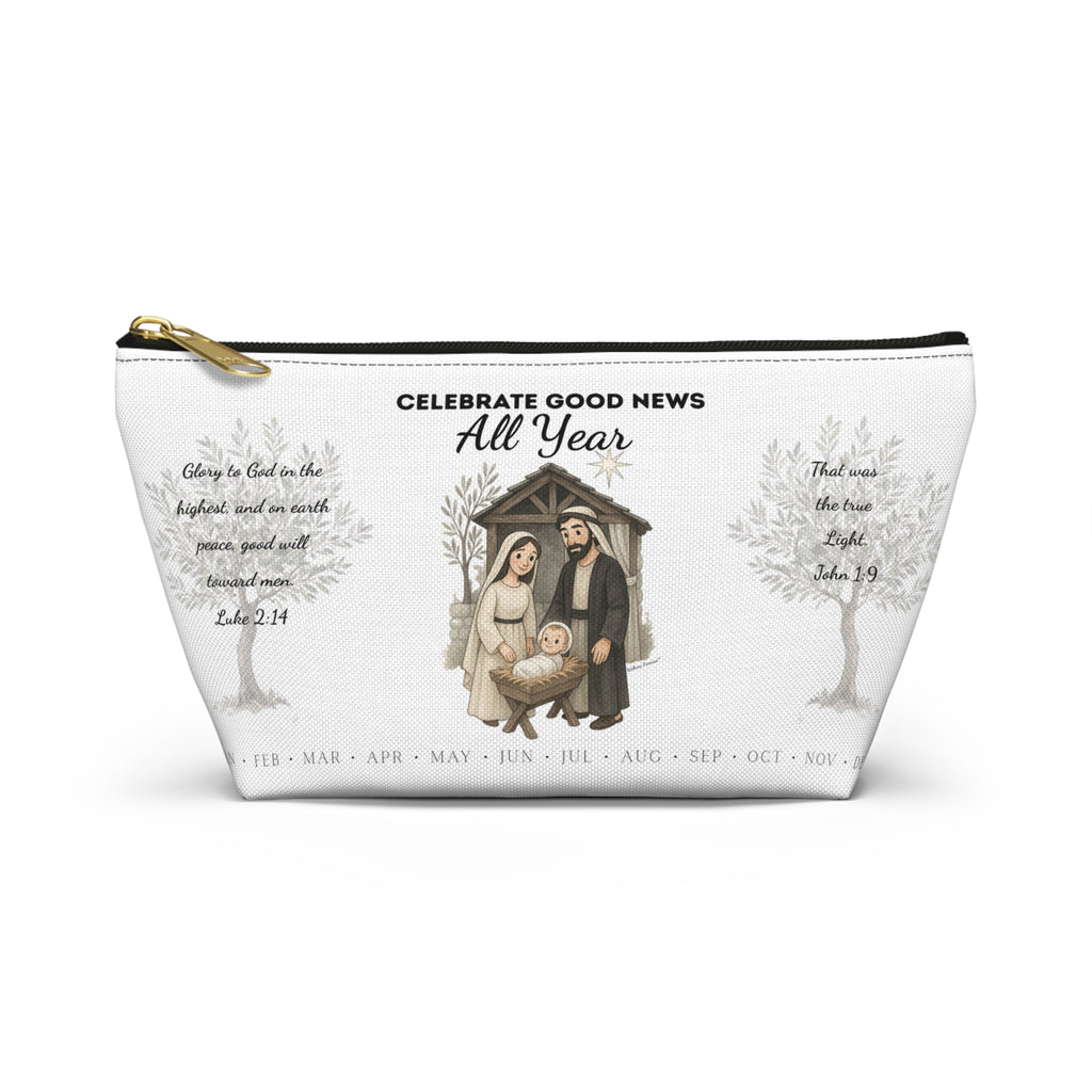 Nativity Accessory Pouch — "Celebrate Good News All Year" Nativity Scene Year Round Makeup Bag