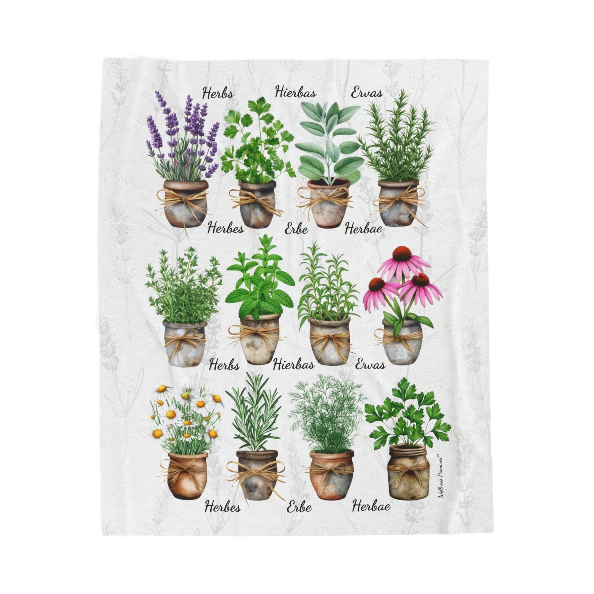 6 Languages Herbal Wellness Watercolor Velveteen Plush Blanket | Cozy Home Decor
