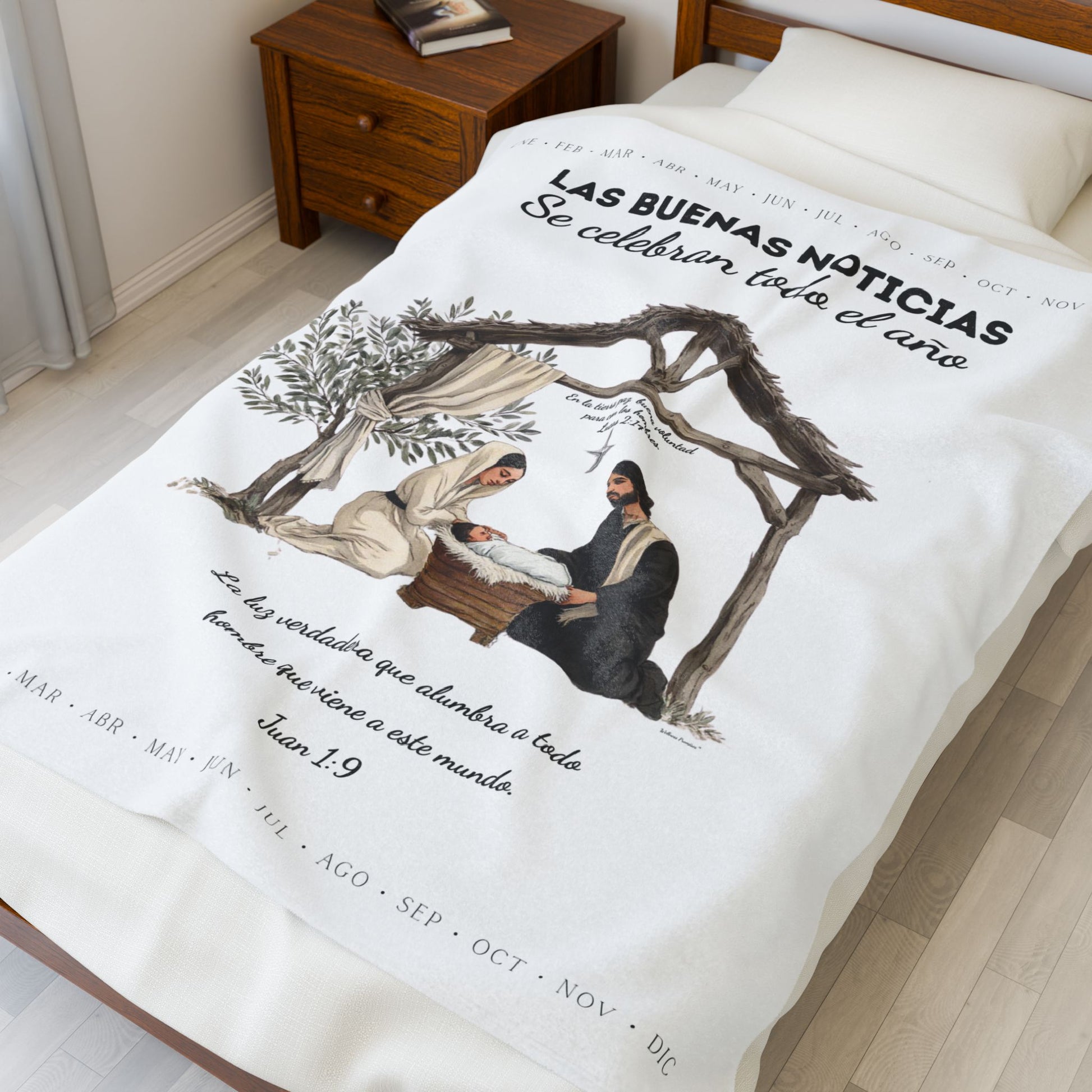 Nativity Year Round Velveteen Blanket - (White Color)  "Las Buenas Noticias" Spanish Nativity Throw
