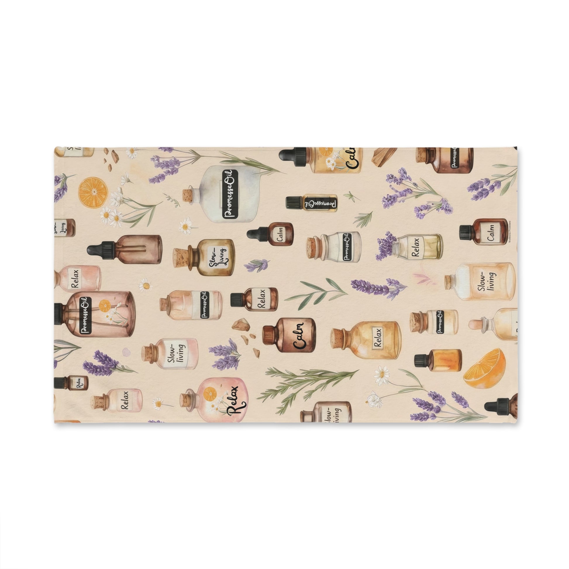 Aromatherapy Bottles Slow-Living Hand Towel – Spa Lavender, Herbal and Citrus Essential Oil Pattern