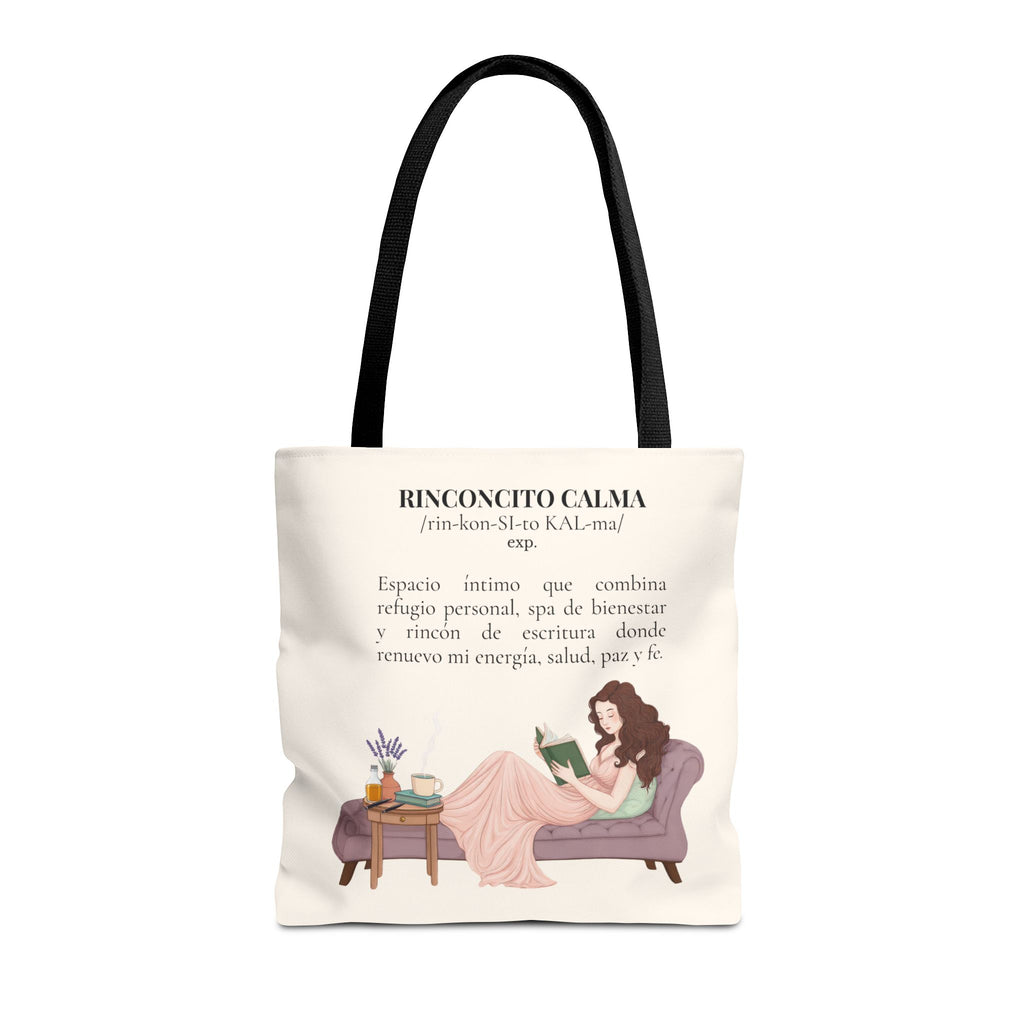 Slow-Living Corner Tote Bag — "Rinconcito Calma" Spanish Cozy Self-Care AOP Canvas Tote with Faith Quotes