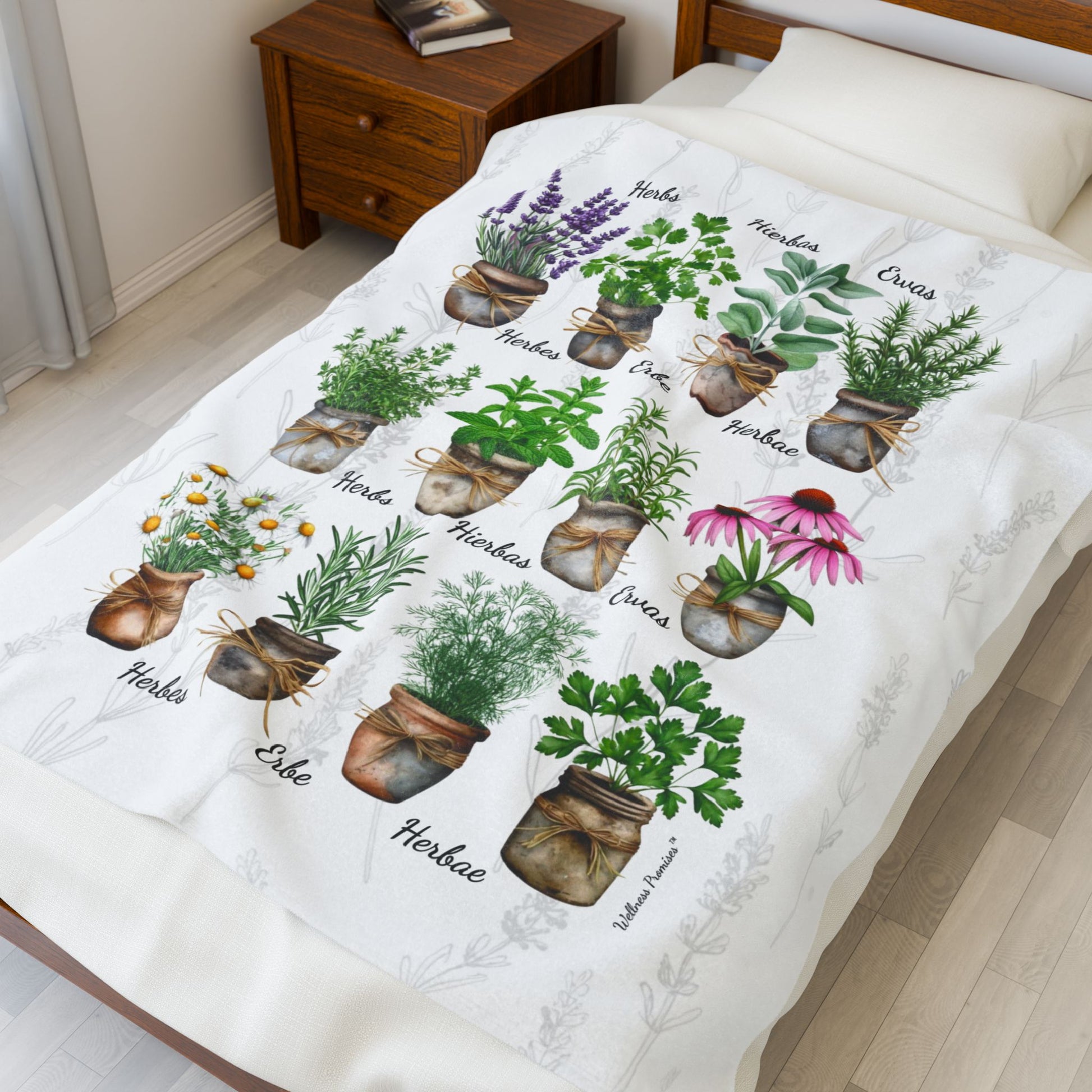 6 Languages Herbal Wellness Watercolor Velveteen Plush Blanket | Cozy Home Decor, Perfect Gift for Gardeners, Plant Lovers, Housewarming, Relaxing Evenings