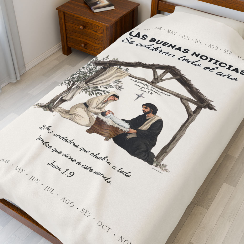 Nativity Year Round Velveteen Blanket (Cream Color)- "Las Buenas Noticias" Spanish Nativity Throw