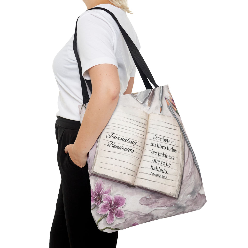 Inspirational Journal Art Tote Bag — "Escribe la Visión" Orchid & Bible Quote Tote (Spanish)