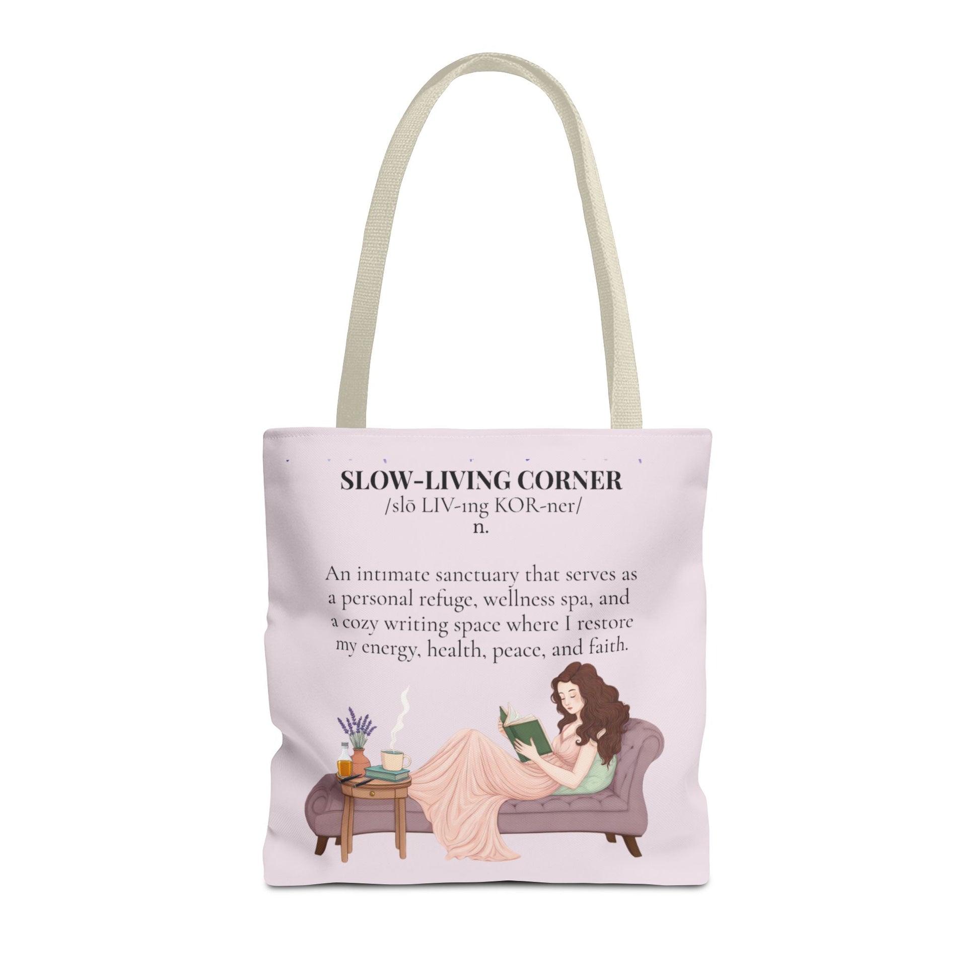 Slow-Living Corner Tote Bag — Cozy Self-Care AOP Canvas Tote with Faith Quotes (Pink)