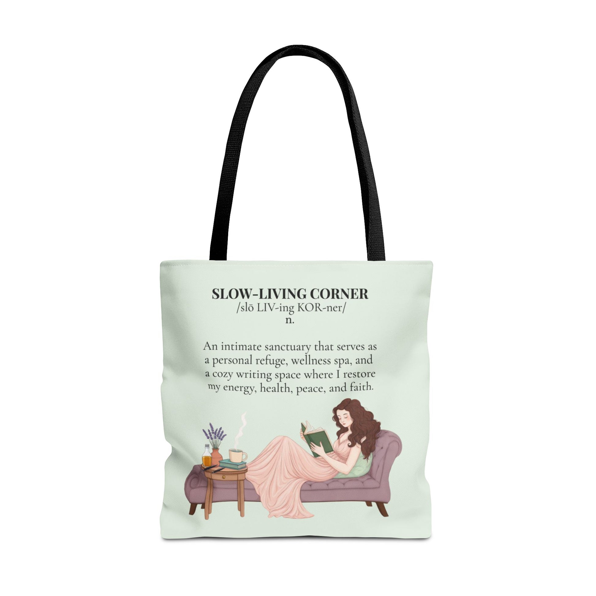 Slow-Living Corner Tote Bag — Cozy Self-Care AOP Canvas Tote with Faith Quotes (Mint Green)