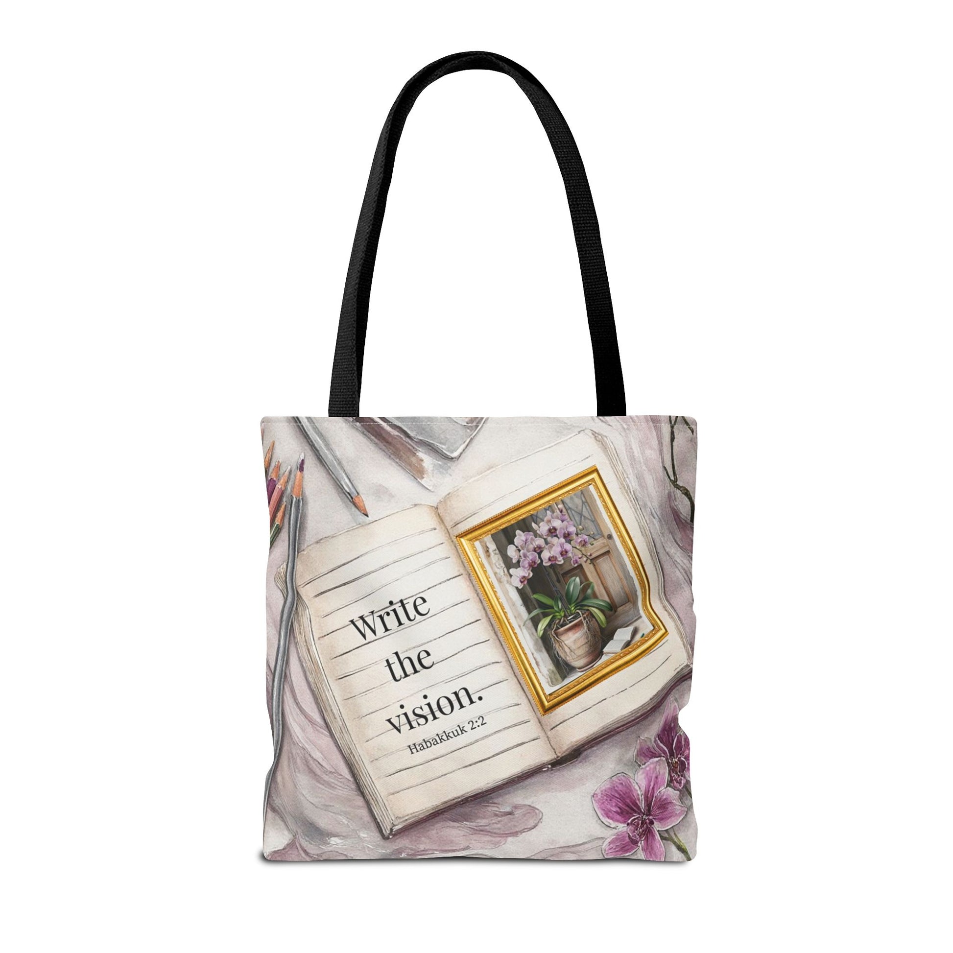 Inspirational Journal Art Tote Bag — "Write the Vision" Orchid & Bible Quote Tote