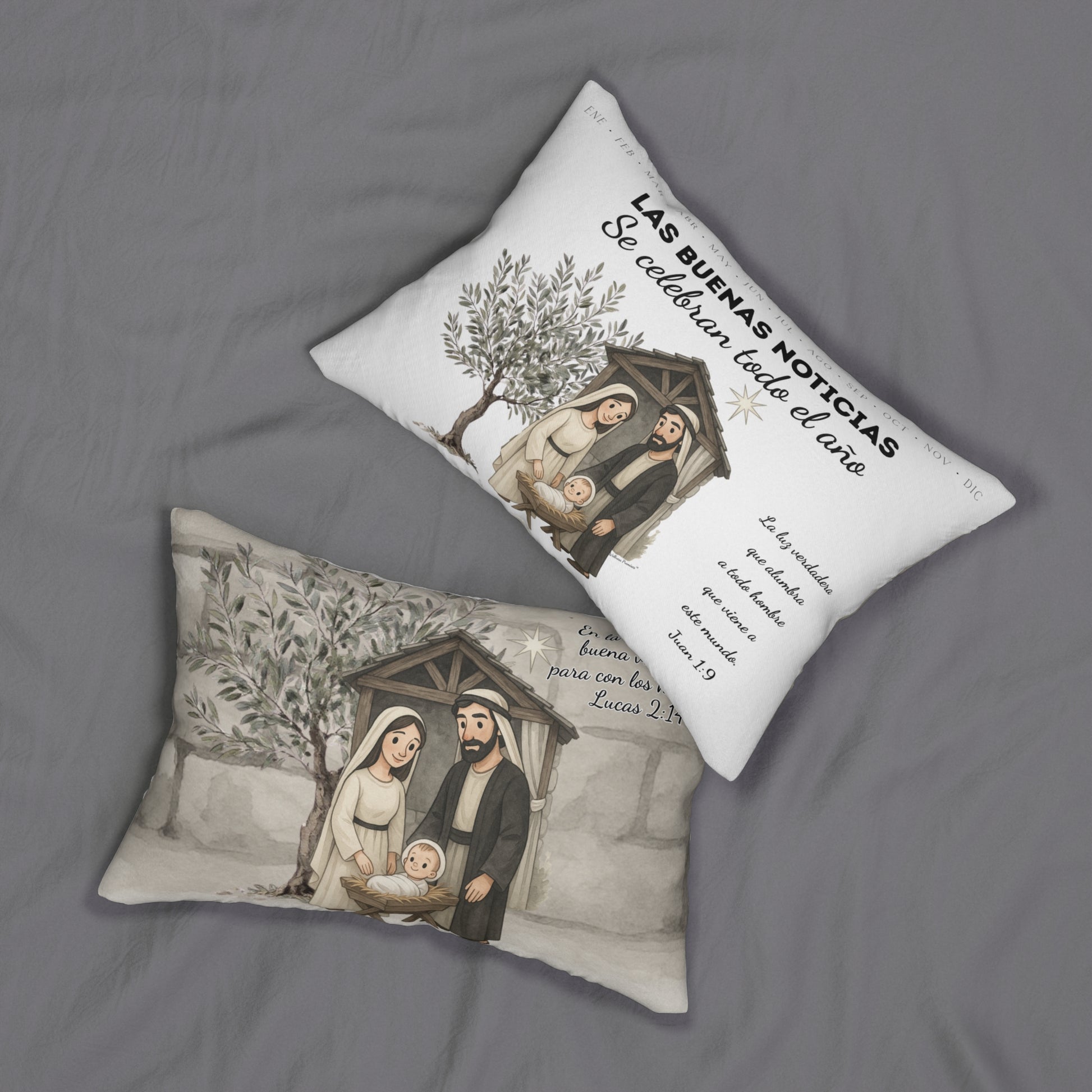 Nativity Lumbar Pillow — "Las Buenas Noticias" Spanish Year Round Christmas Decor with Bible Verse