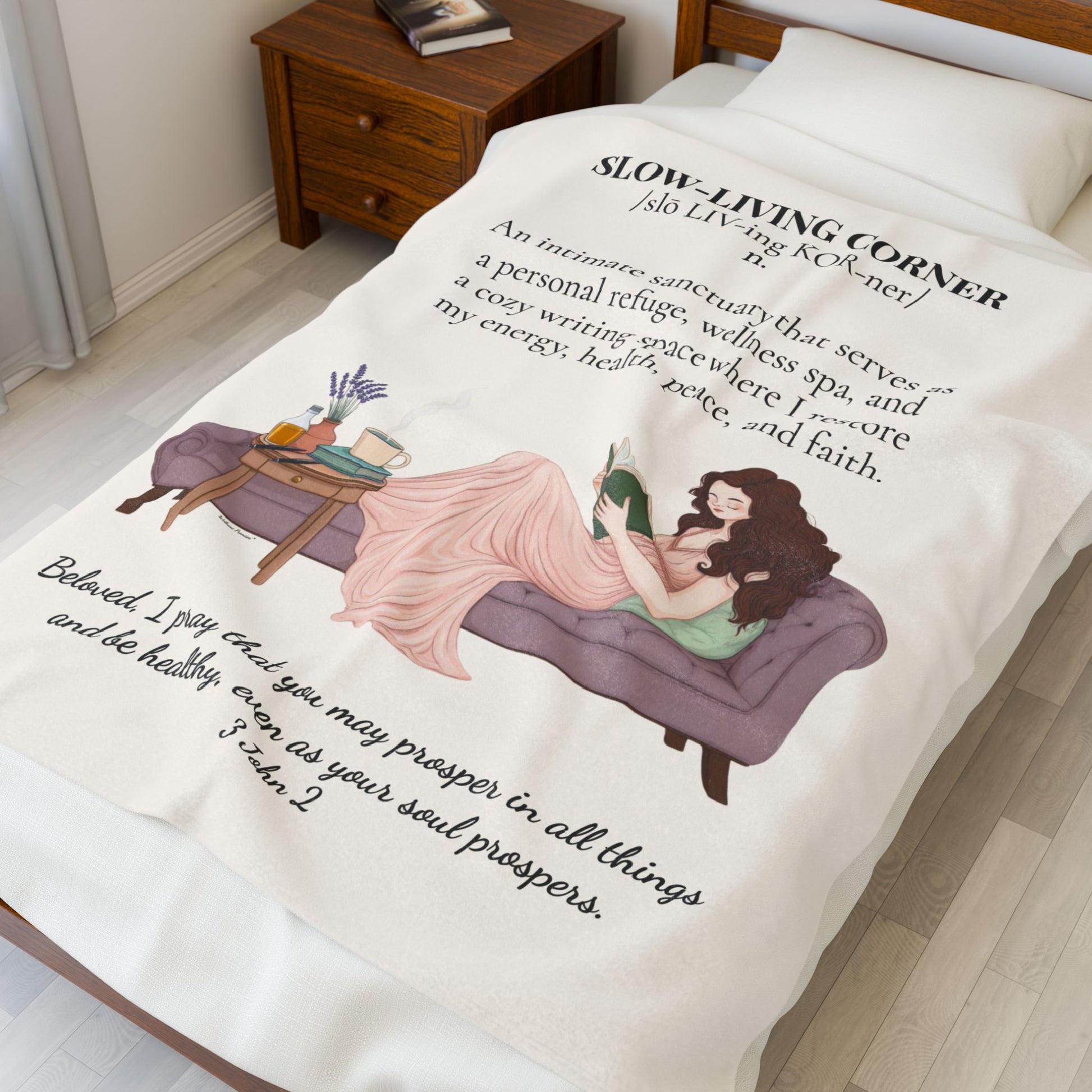 Slow-Living Corner Velveteen Plush Blanket — Cozy Reading Nook Throw with Inspirational Quote (Beige)