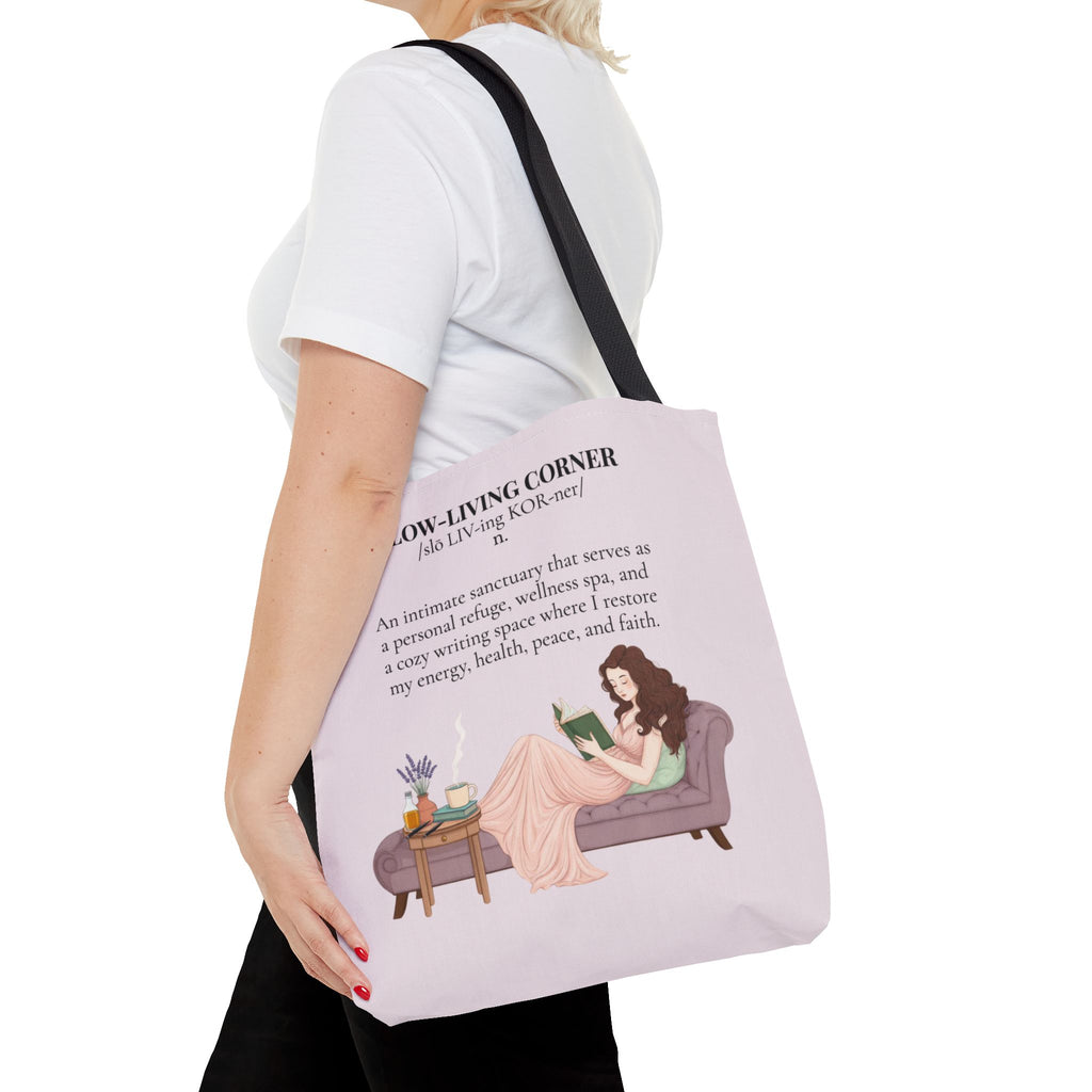 Slow-Living Corner Tote Bag — Cozy Self-Care AOP Canvas Tote with Faith Quotes (Pink)