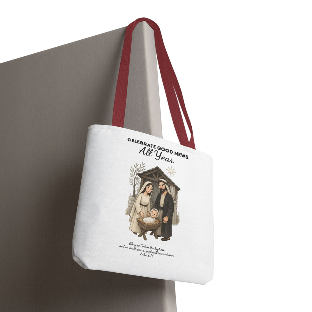Nativity Tote Bag Year Round — (White Color) "Celebrate Good News All Year" Nativity Tote