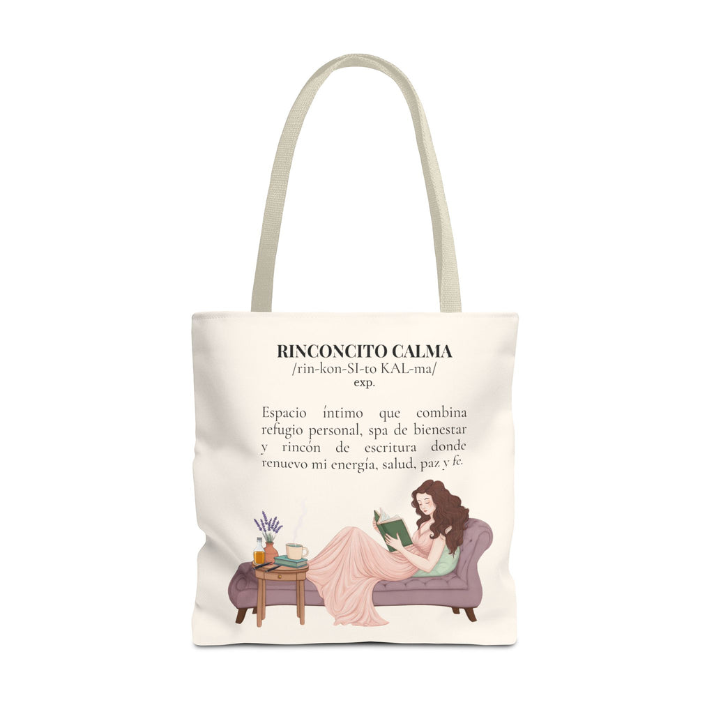 Slow-Living Corner Tote Bag — "Rinconcito Calma" Spanish Cozy Self-Care AOP Canvas Tote with Faith Quotes