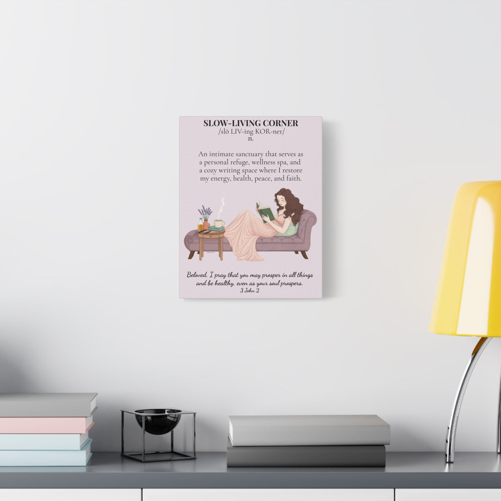 Slow-Living Corner Matte Canvas Wall Art — Cozy Sanctuary Definition with Scripture (Pink)