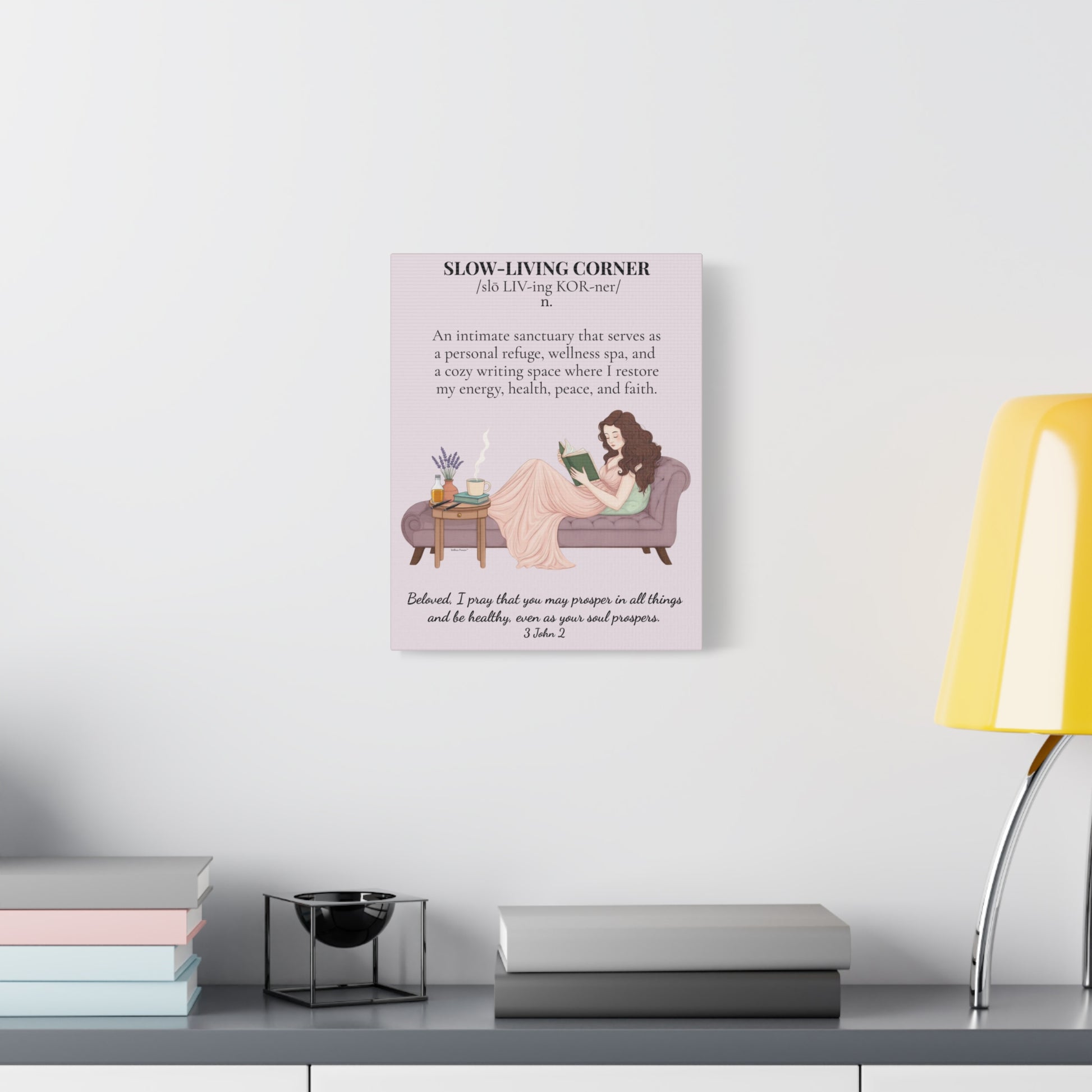 Slow-Living Corner Matte Canvas Wall Art — Cozy Sanctuary Definition with Scripture (Pink)