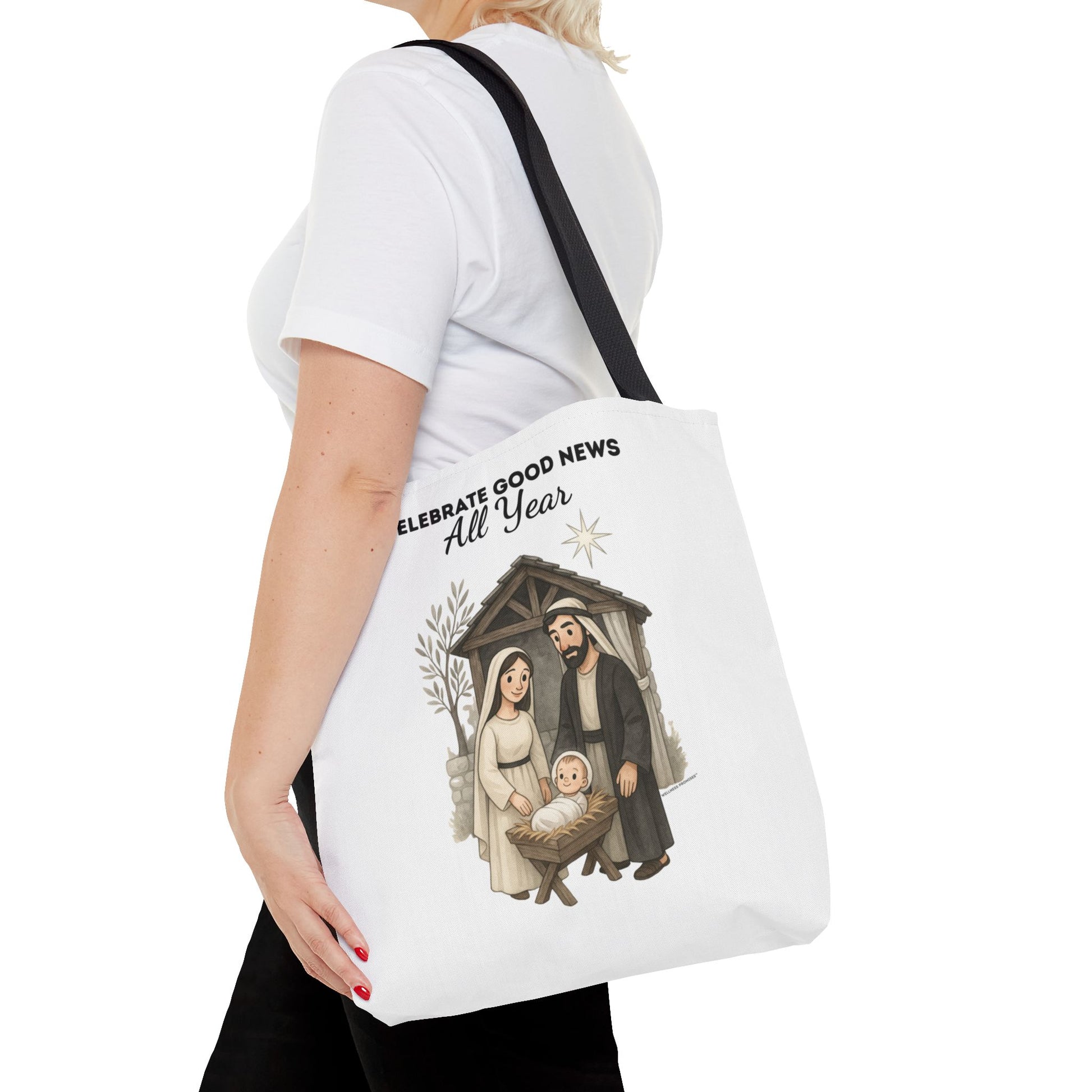 Nativity Tote Bag Year Round — (White Color) "Celebrate Good News All Year" Nativity Tote
