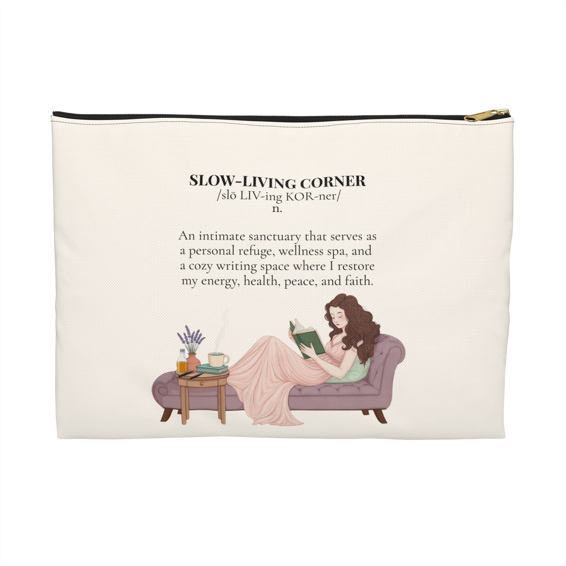 Accessory Pouch — Slow-Living Corner & Lavender Tea Bible Faith Quote (Beige)
