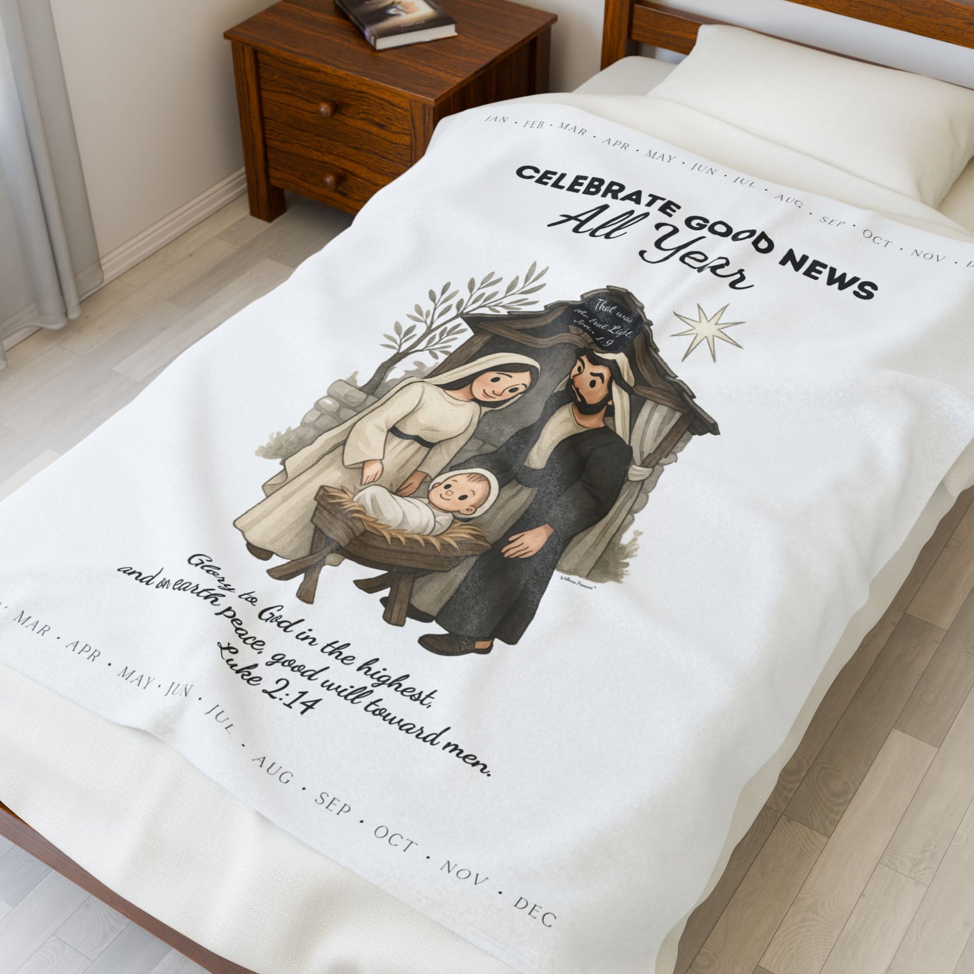 Nativity Year Round Velveteen Blanket - (White Color)  "Celebrate Good News All Year"  Nativity Throw