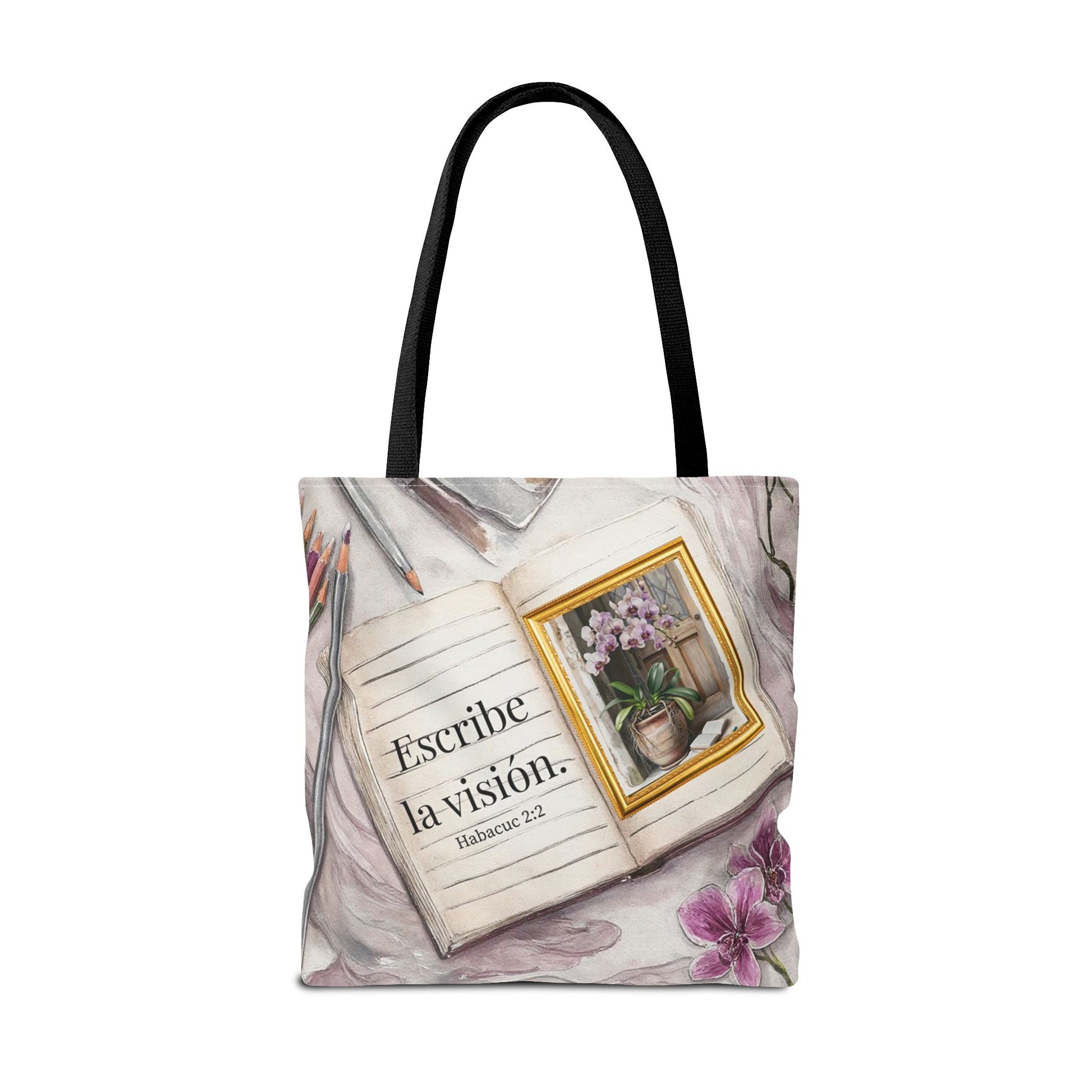 Inspirational Journal Art Tote Bag — "Escribe la Visión" Orchid & Bible Quote Tote (Spanish)