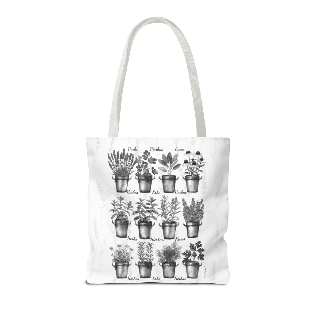6 Language Black & White Herbal Garden Tote Bag | Botanical Shopping Tote | Eco-Friendly Grocery Bag, Plant Lover Gift, Garden Decor, Mothers Day