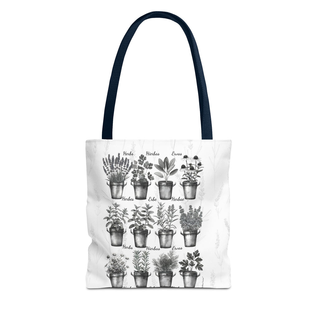 6 Language Black & White Herbal Garden Tote Bag | Botanical Shopping Tote | Eco-Friendly Grocery Bag, Plant Lover Gift, Garden Decor, Mothers Day