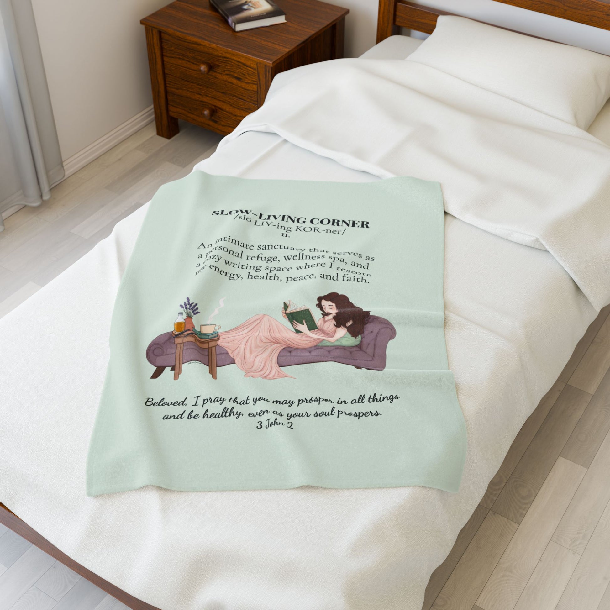 Slow-Living Corner Velveteen Plush Blanket — Cozy Reading Nook Throw with Bible Verse (Mint Green)
