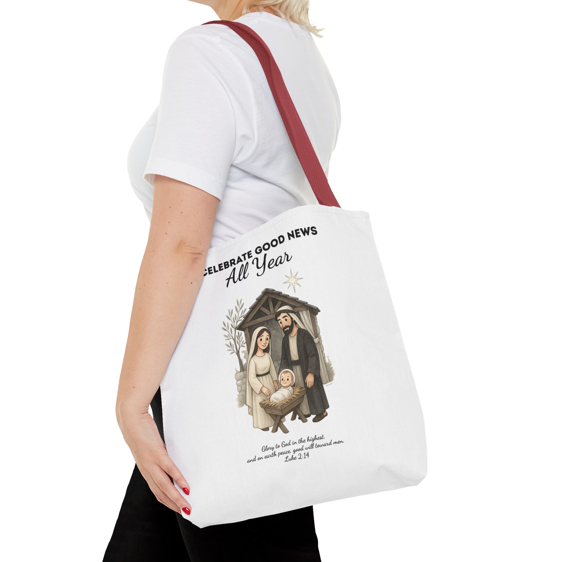 Nativity Tote Bag Year Round — (White Color) "Celebrate Good News All Year" Nativity Tote