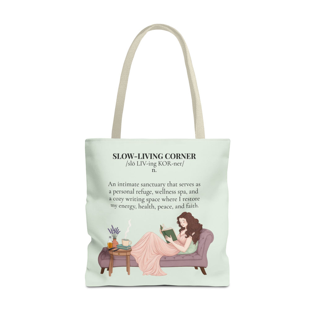 Slow-Living Corner Tote Bag — Cozy Self-Care AOP Canvas Tote with Faith Quotes (Mint Green)