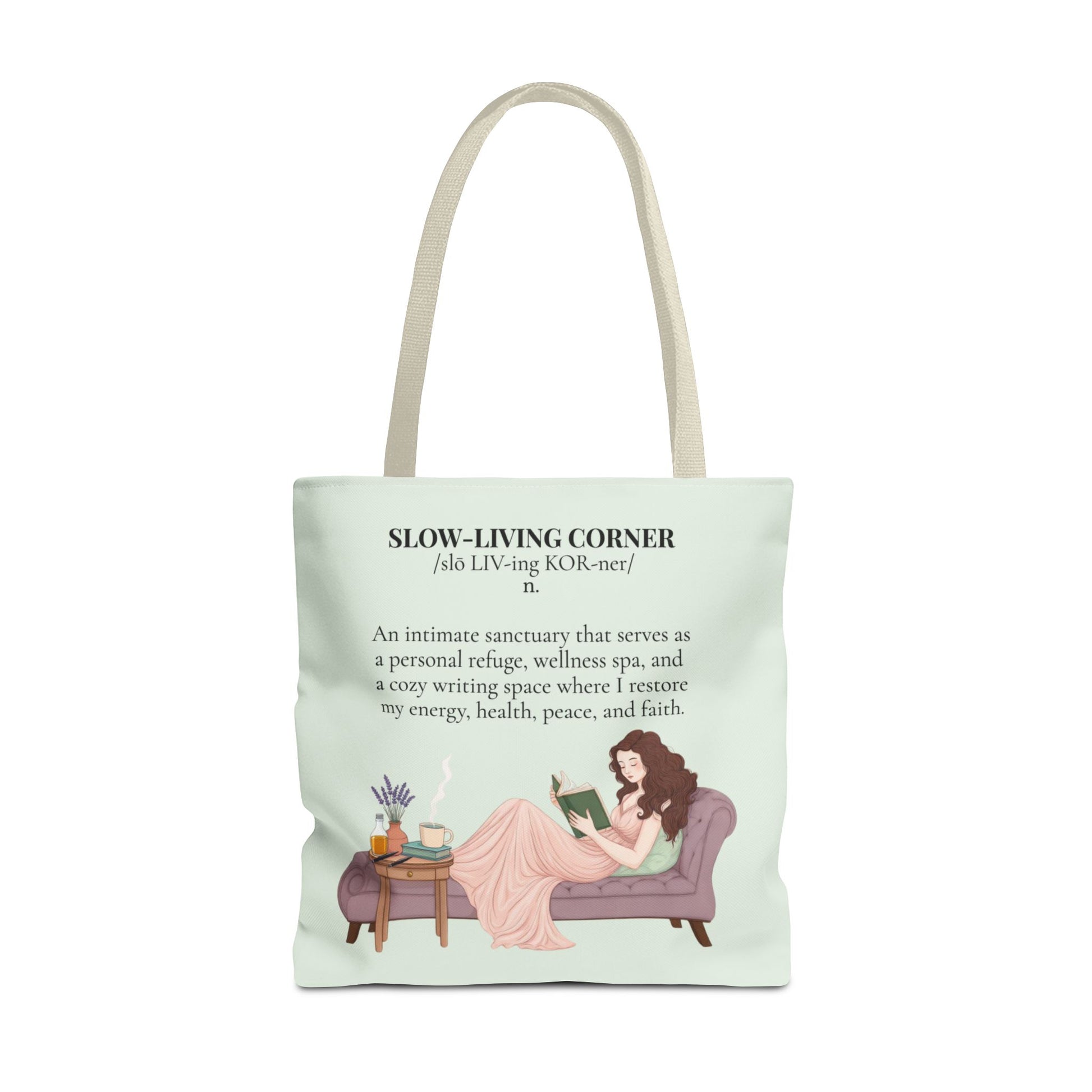 Slow-Living Corner Tote Bag — Cozy Self-Care AOP Canvas Tote with Faith Quotes (Mint Green)