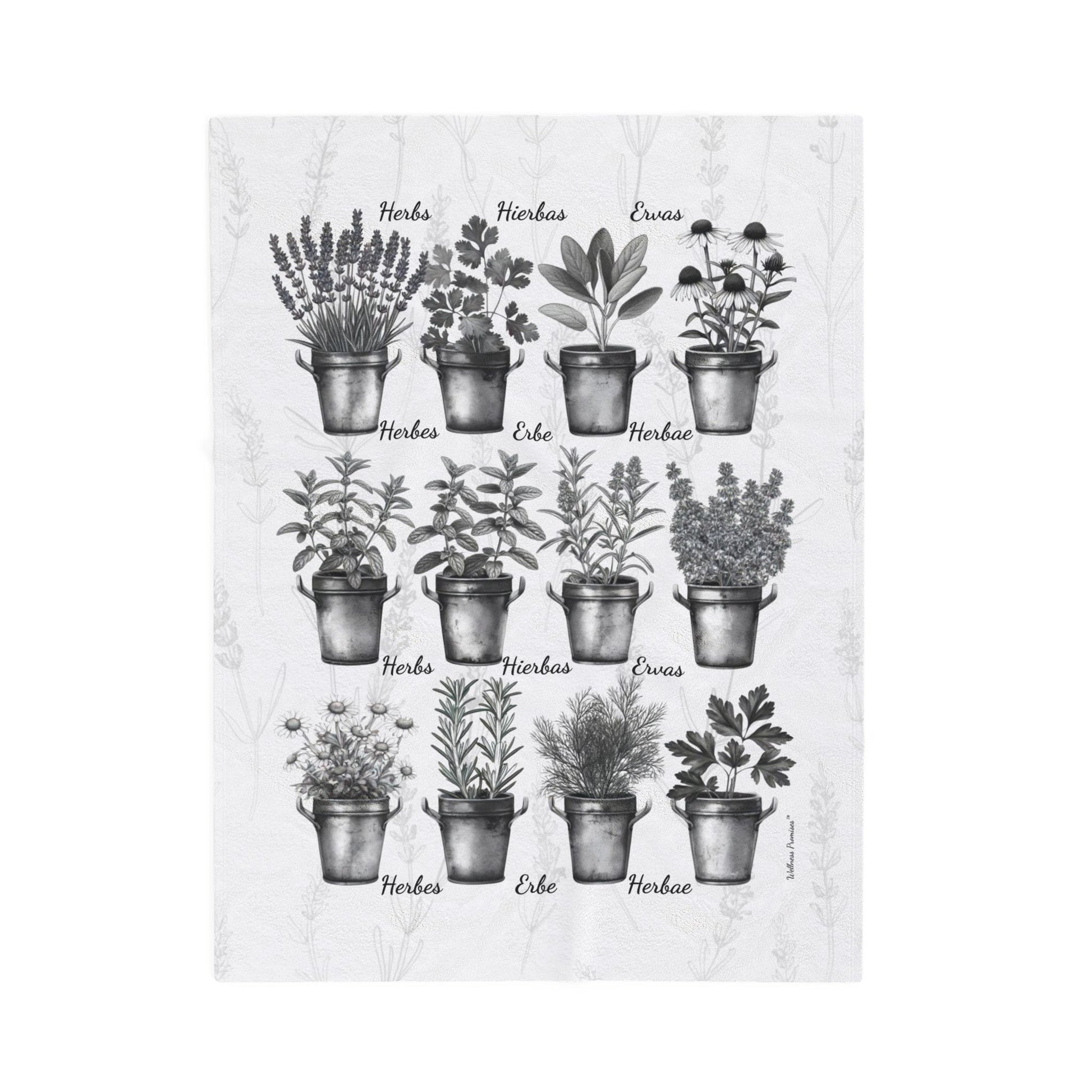6 Languages Herbal Wellness Black and White Velveteen Plush Blanket | Cozy Home Decor