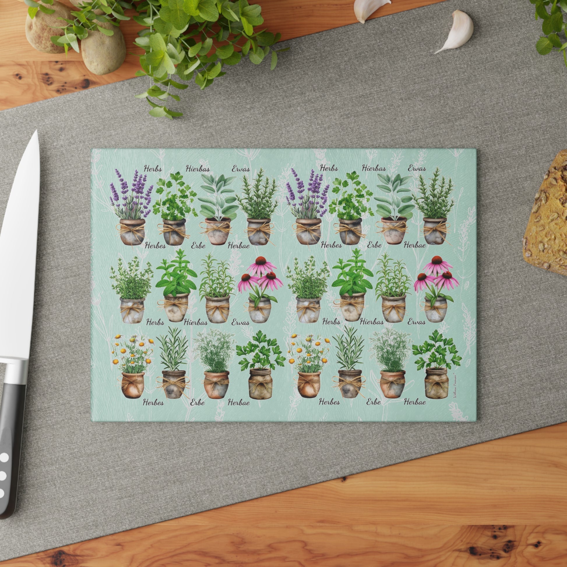 Herb Watercolor Garden Glass Cutting Board, Kitchen Decor, Gift for Home Chefs, Mother's Day, Cooking Essentials, Plant Lover Gift