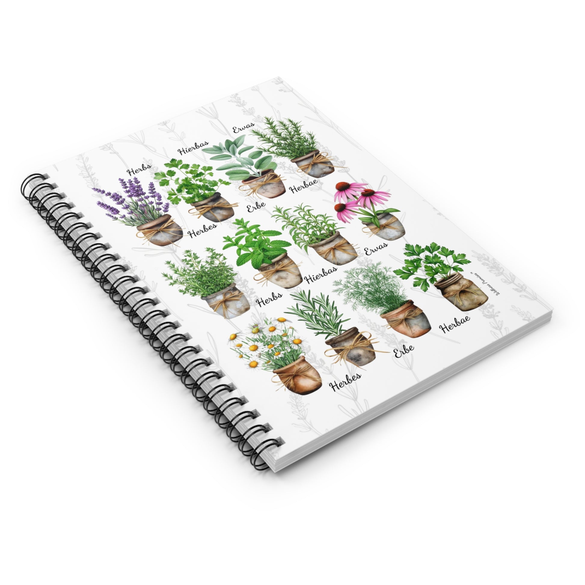 Watercolor Herb Garden Ruled Spiral Notebook - Rustic Botanical Design, Floral Journal, Cute Planner, Gift for Gardeners, Nature Lovers