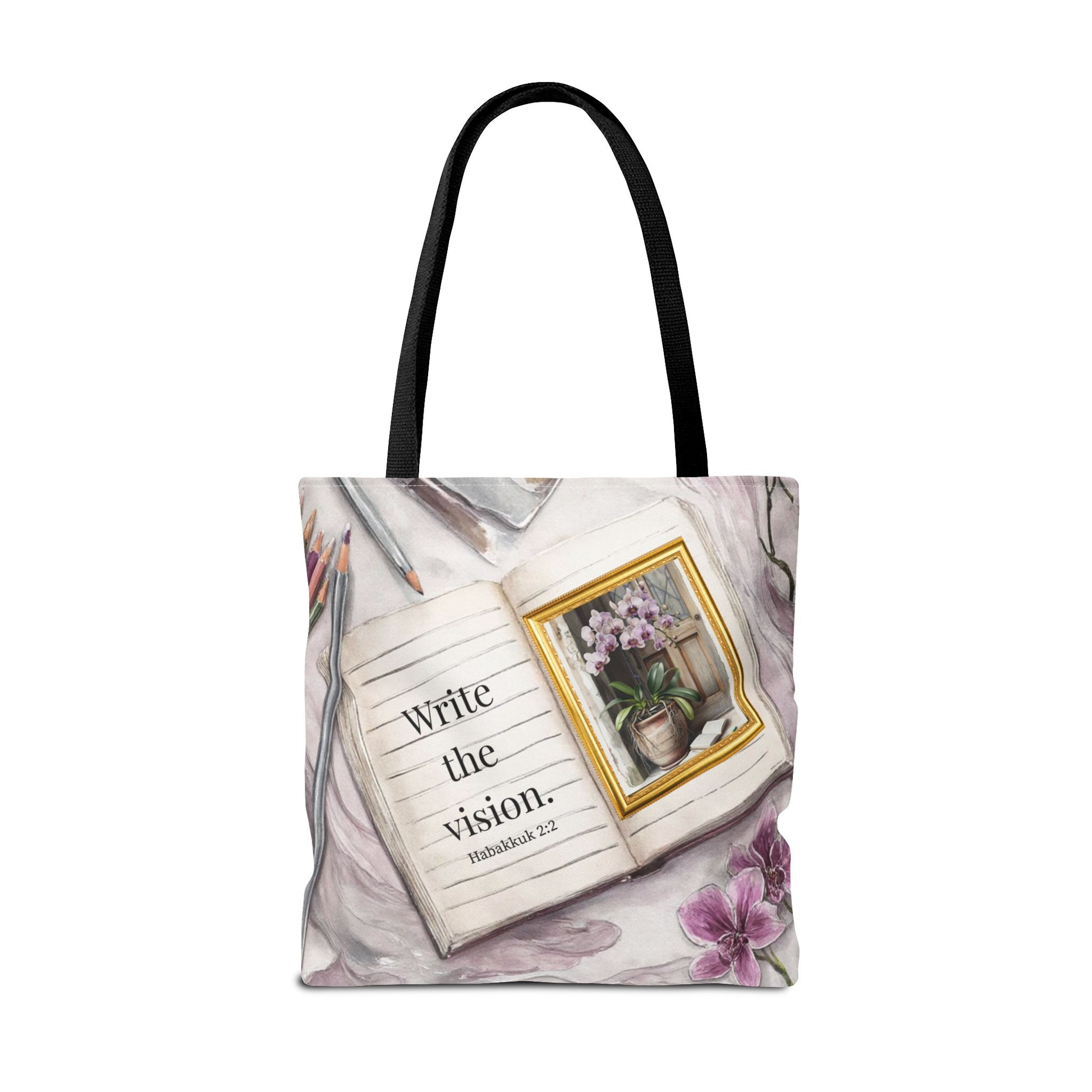 Inspirational Journal Art Tote Bag — "Write the Vision" Orchid & Bible Quote Tote