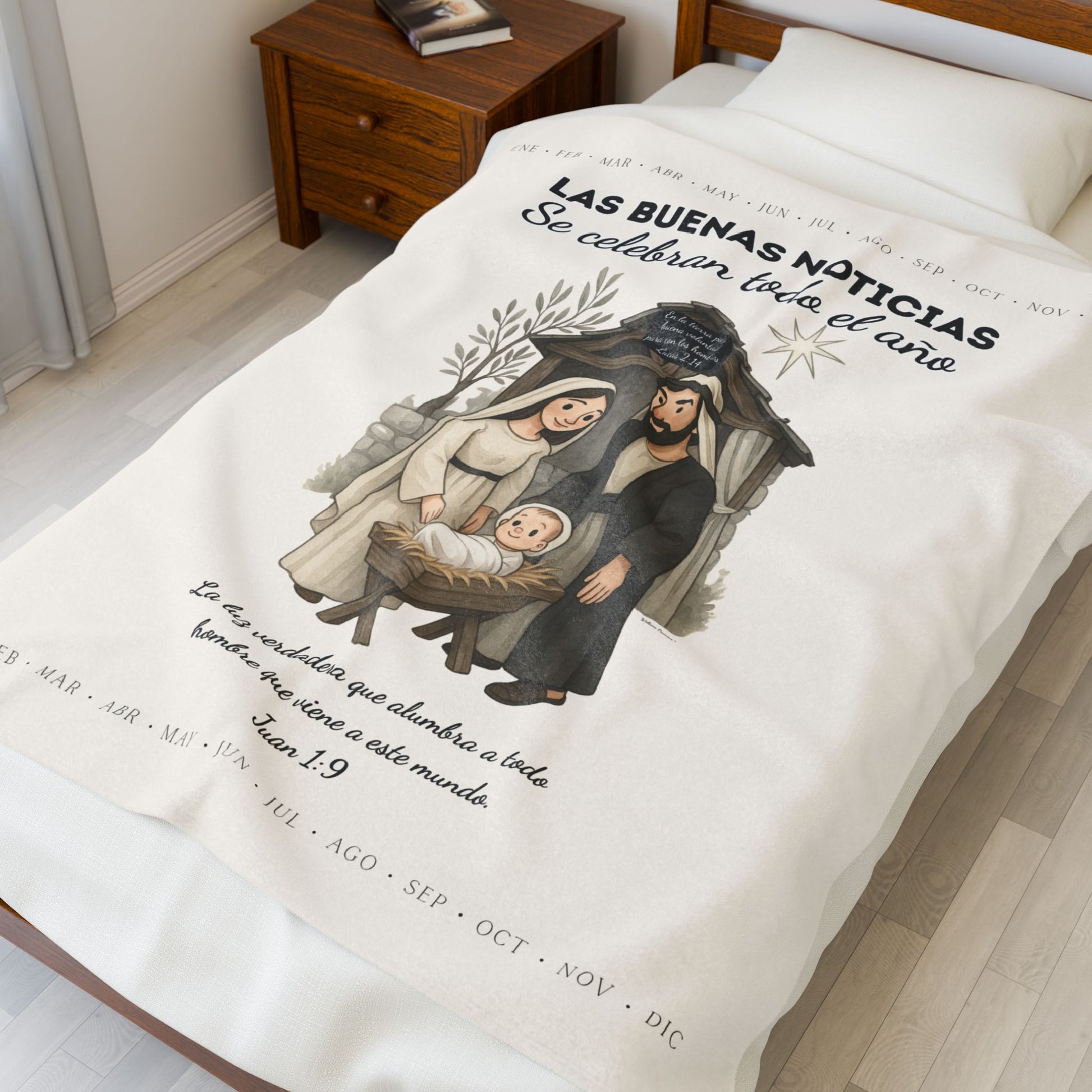 Nativity Year Round Velveteen Blanket (Cream Color)- "Las Buenas Noticias" Spanish Nativity Throw