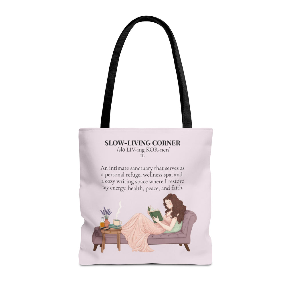 Slow-Living Corner Tote Bag — Cozy Self-Care AOP Canvas Tote with Faith Quotes (Pink)