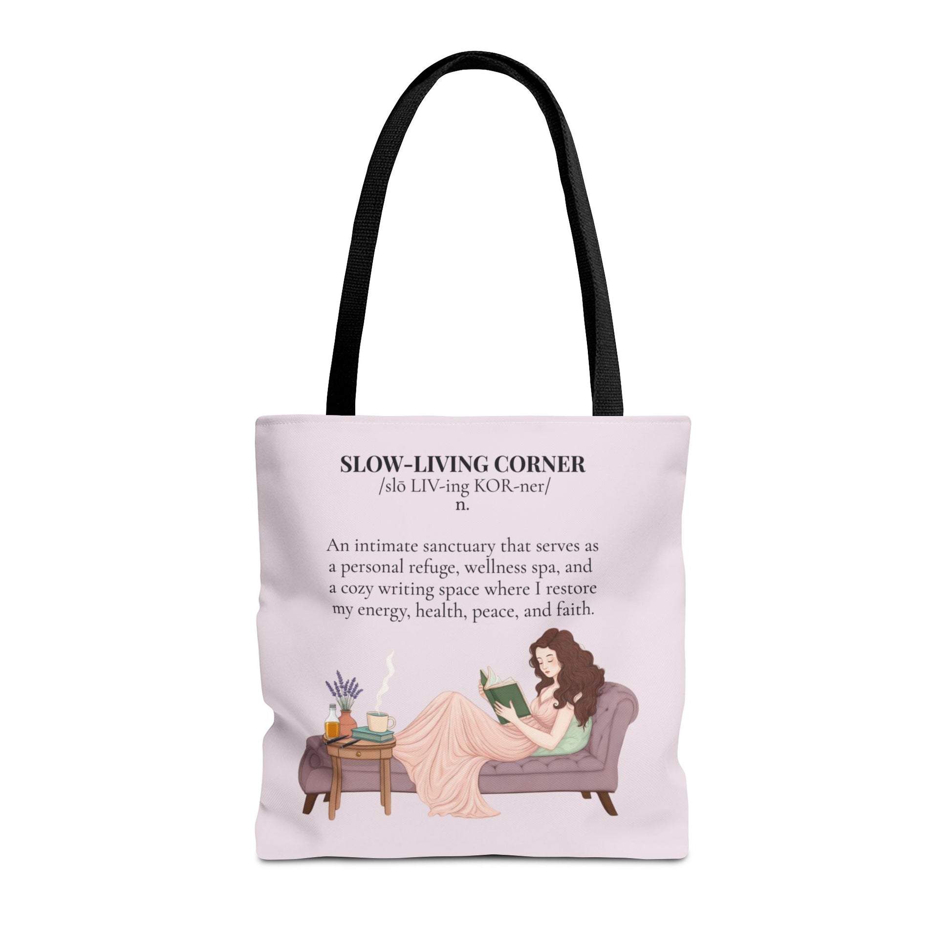 Slow-Living Corner Tote Bag — Cozy Self-Care AOP Canvas Tote with Faith Quotes (Pink)