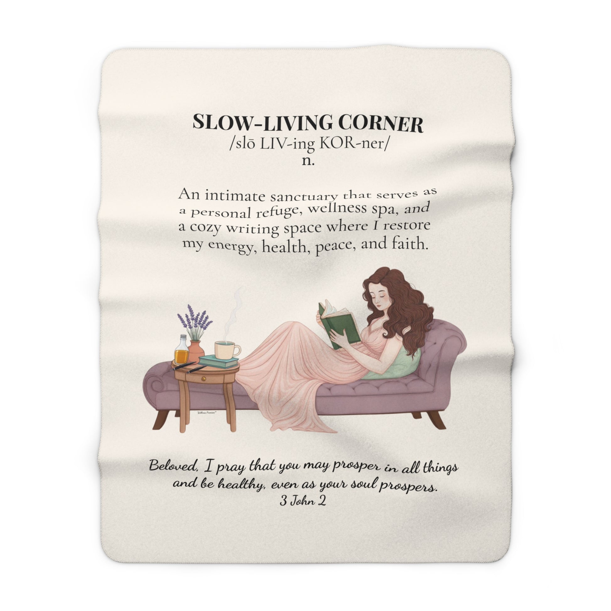 Slow-Living Corner Sherpa Fleece Blanket — (Beige Color) Cozy Spiritual Sanctuary Throw with Scripture
