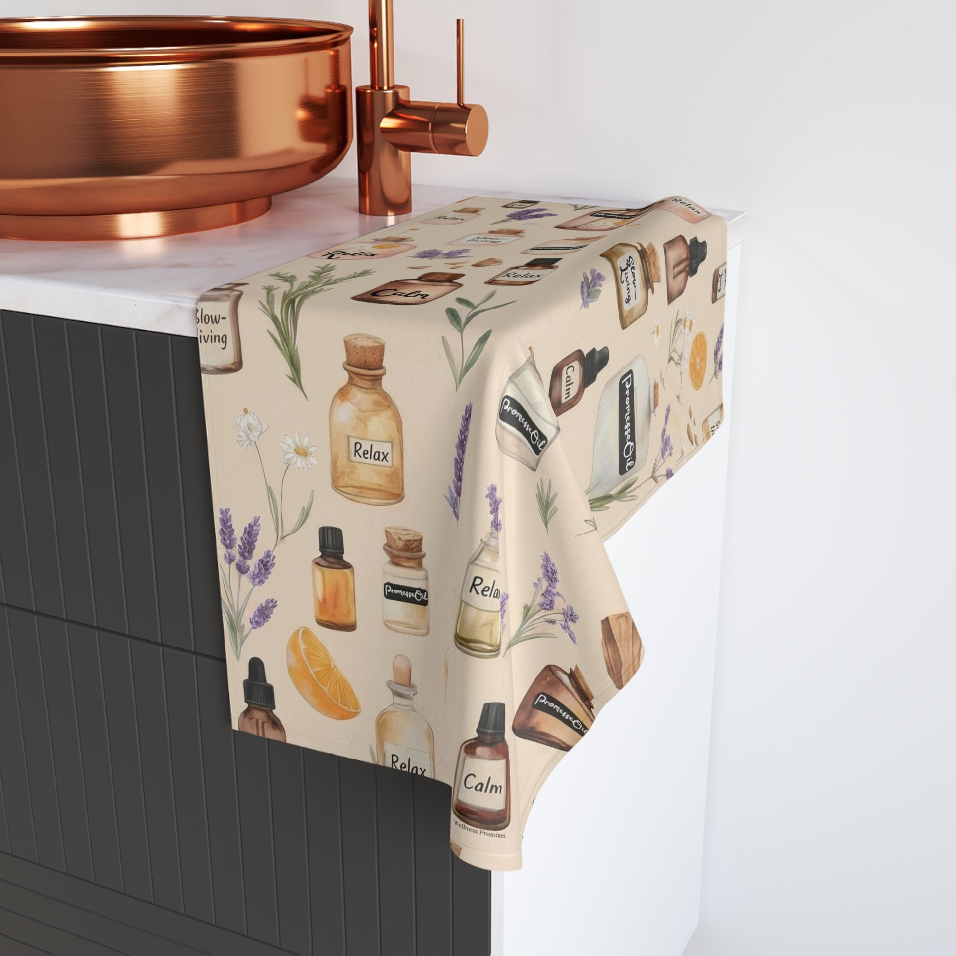Aromatherapy Bottles Slow-Living Hand Towel – Spa Lavender, Herbal and Citrus Essential Oil Pattern